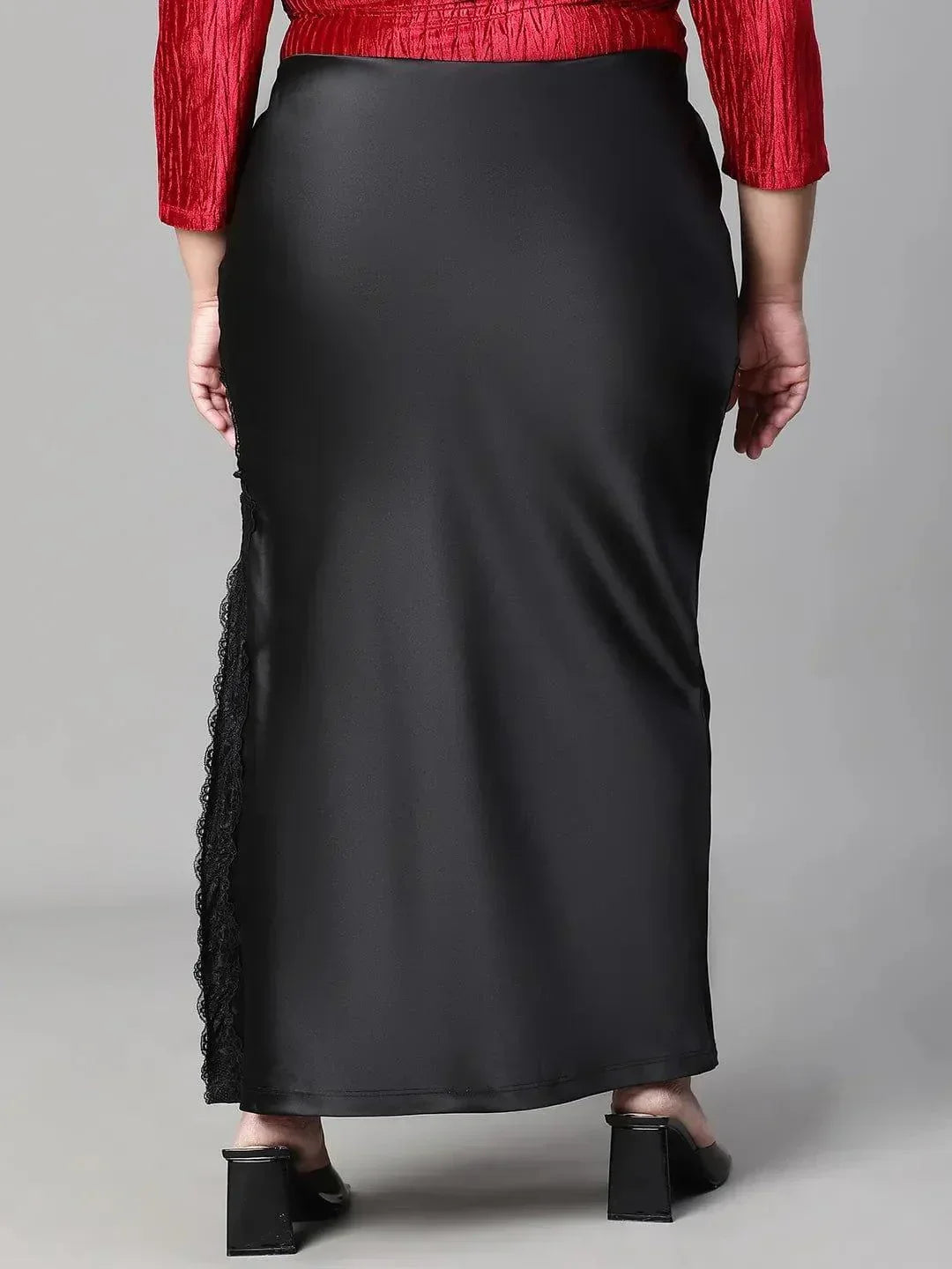 Heavy Black Elasticated With Slit Cut Plus Size Women Satin Skirt - oxolloxo