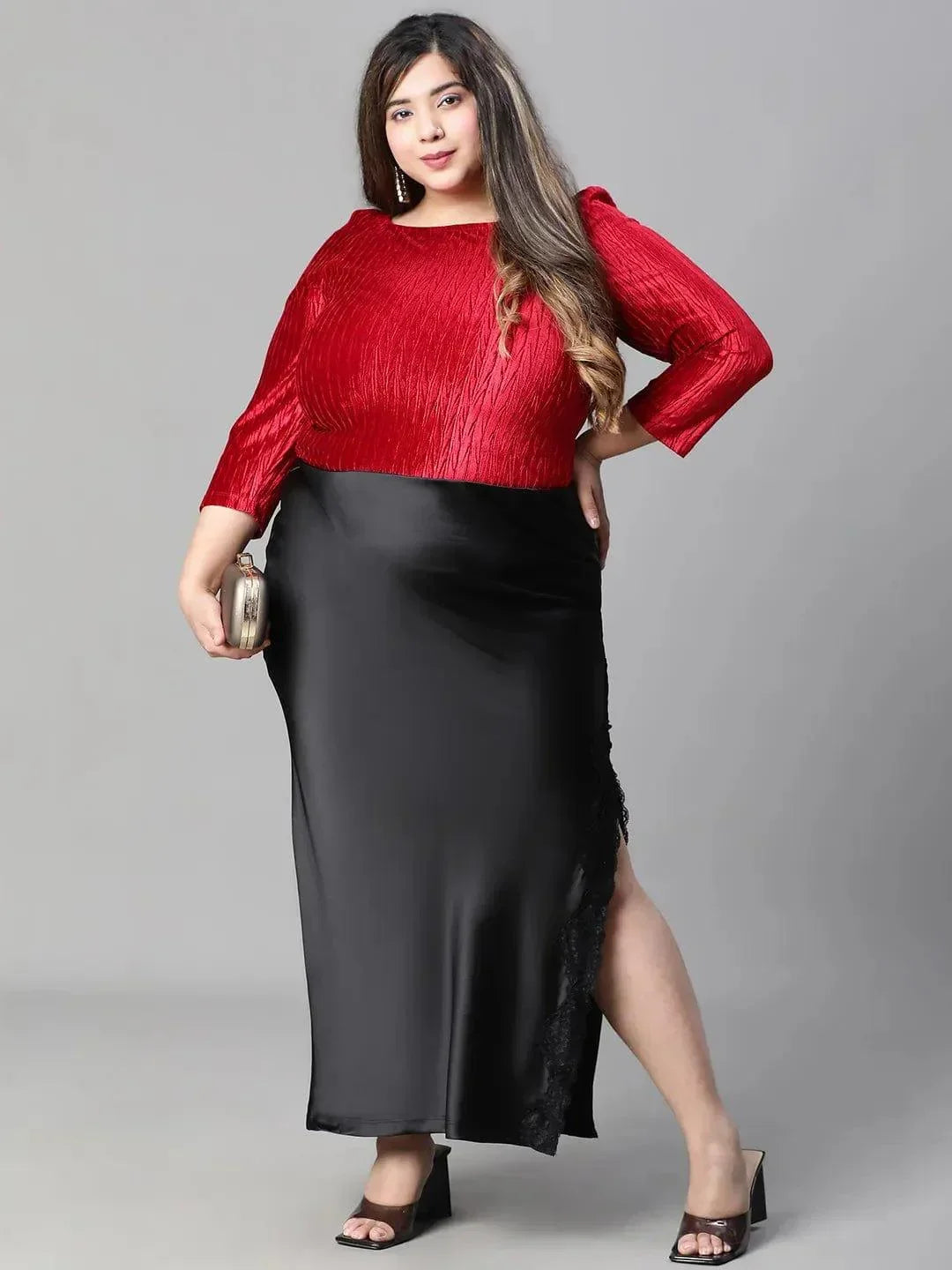 Heavy Black Elasticated With Slit Cut Plus Size Women Satin Skirt - oxolloxo