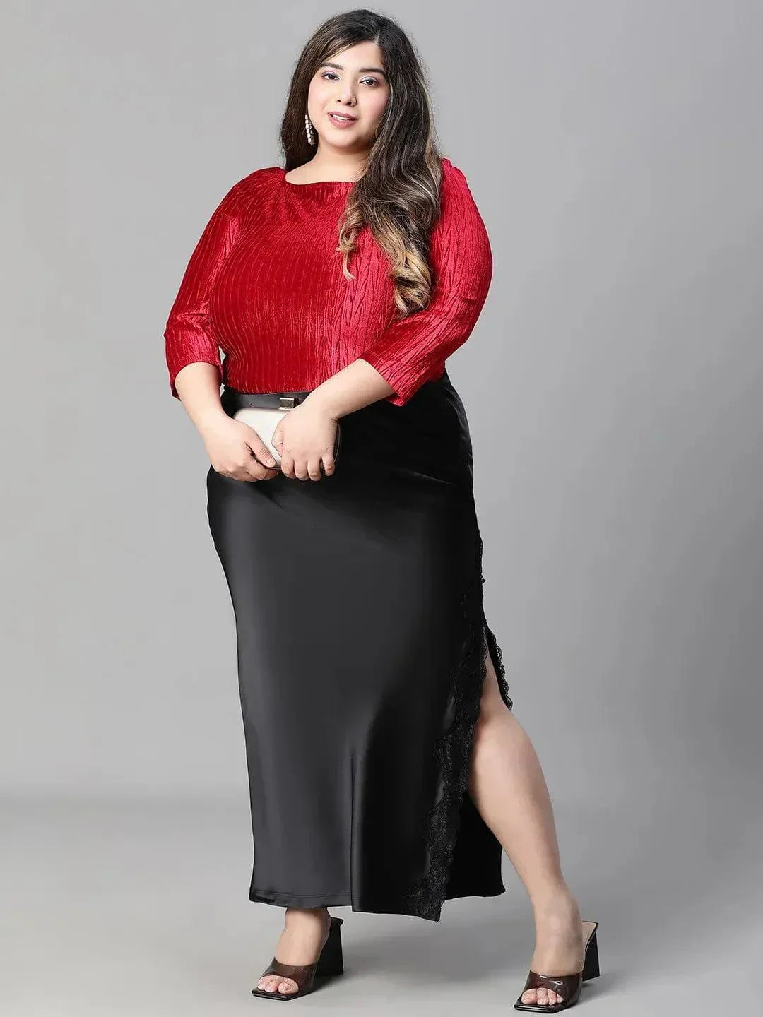 Heavy Black Elasticated With Slit Cut Plus Size Women Satin Skirt - oxolloxo