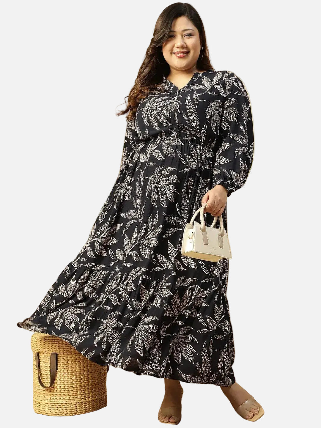 flirty-black-rayon-tropical-print-long-sleeve-elasticated-plus-size-women-dress