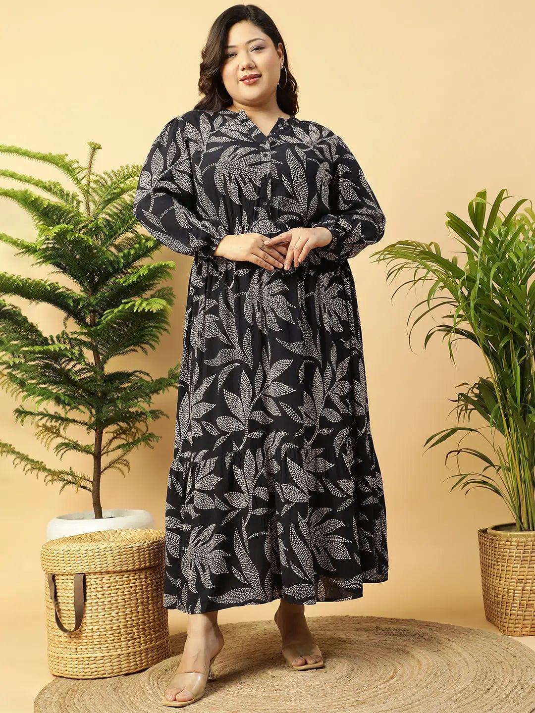 flirty-black-rayon-tropical-print-long-sleeve-elasticated-plus-size-women-dress
