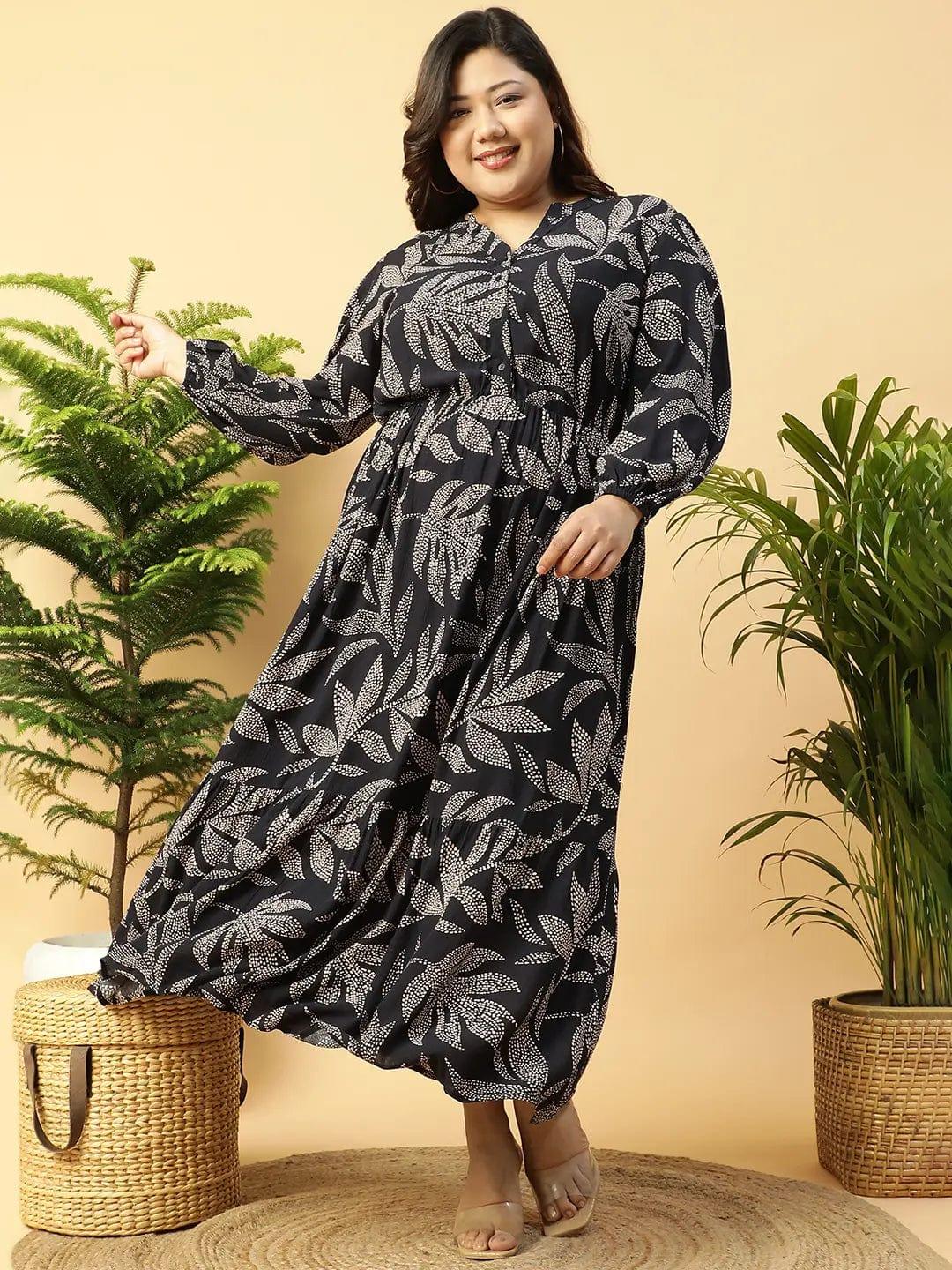 flirty-black-rayon-tropical-print-long-sleeve-elasticated-plus-size-women-dress
