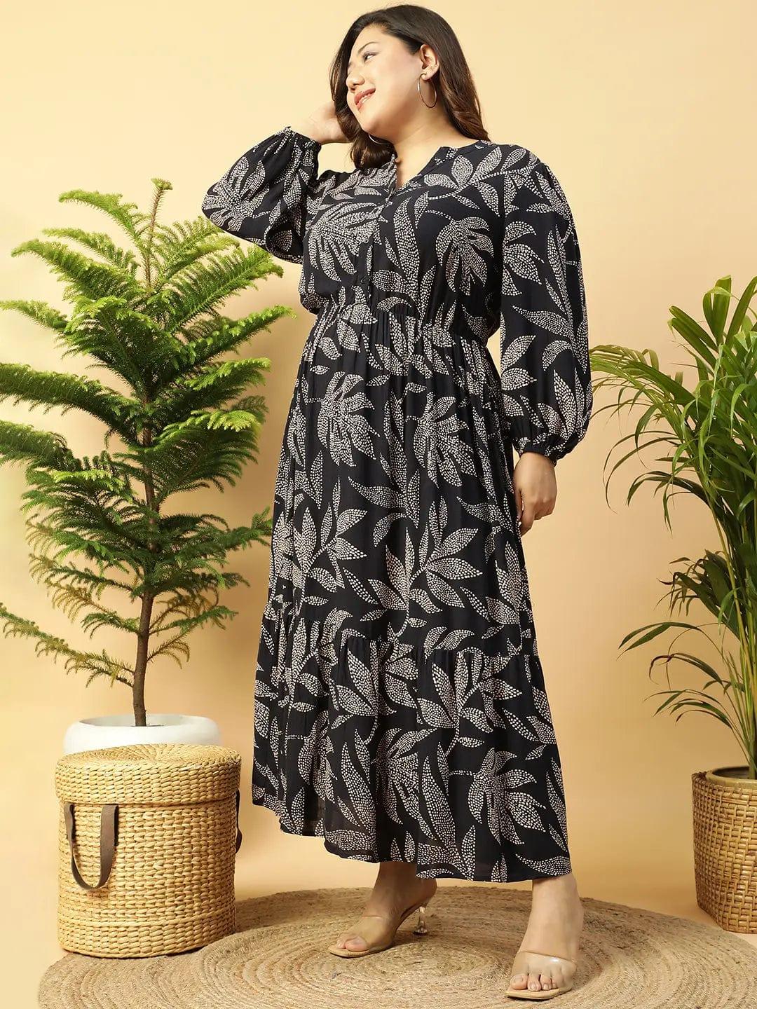 flirty-black-rayon-tropical-print-long-sleeve-elasticated-plus-size-women-dress