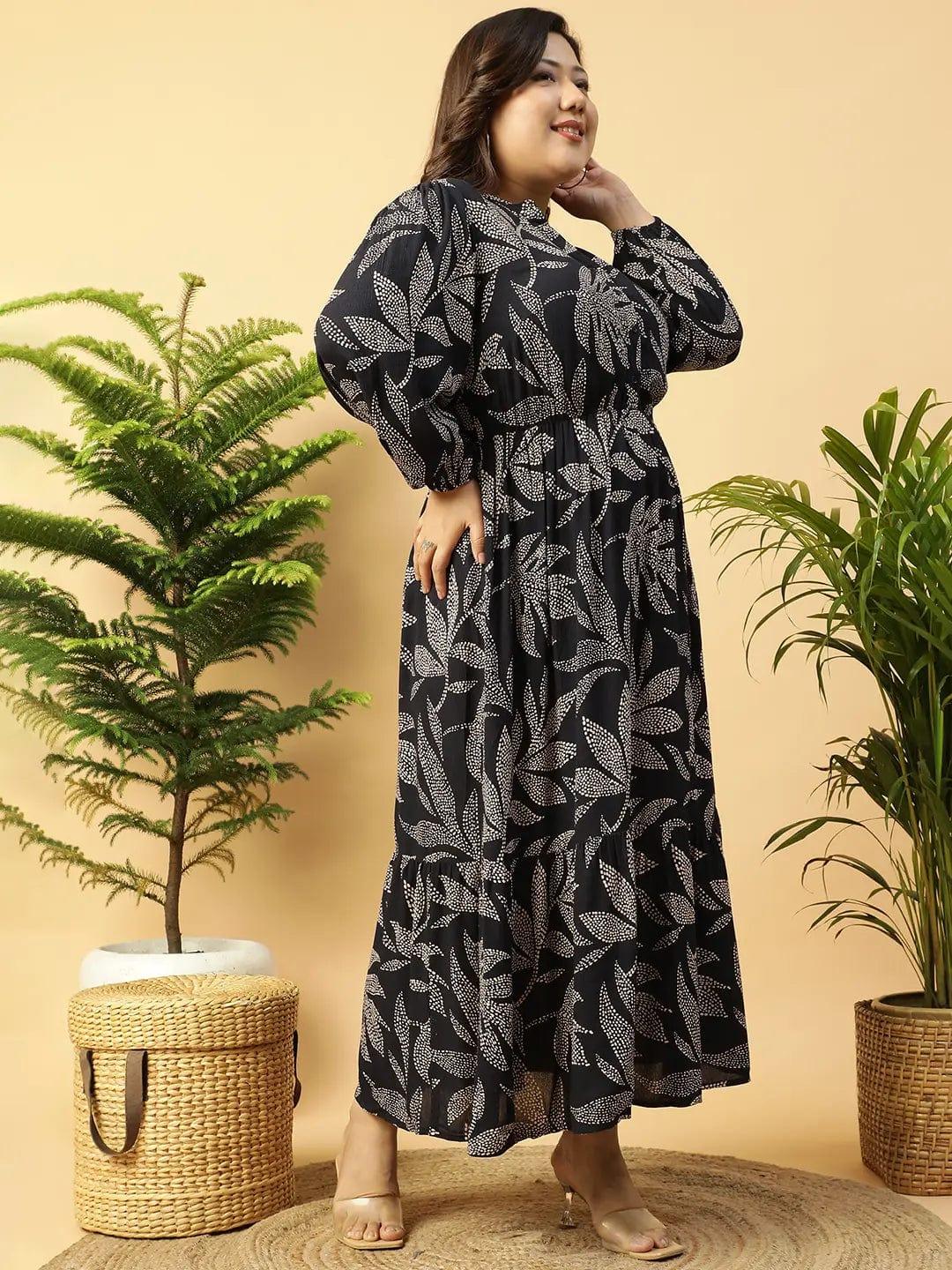 flirty-black-rayon-tropical-print-long-sleeve-elasticated-plus-size-women-dress