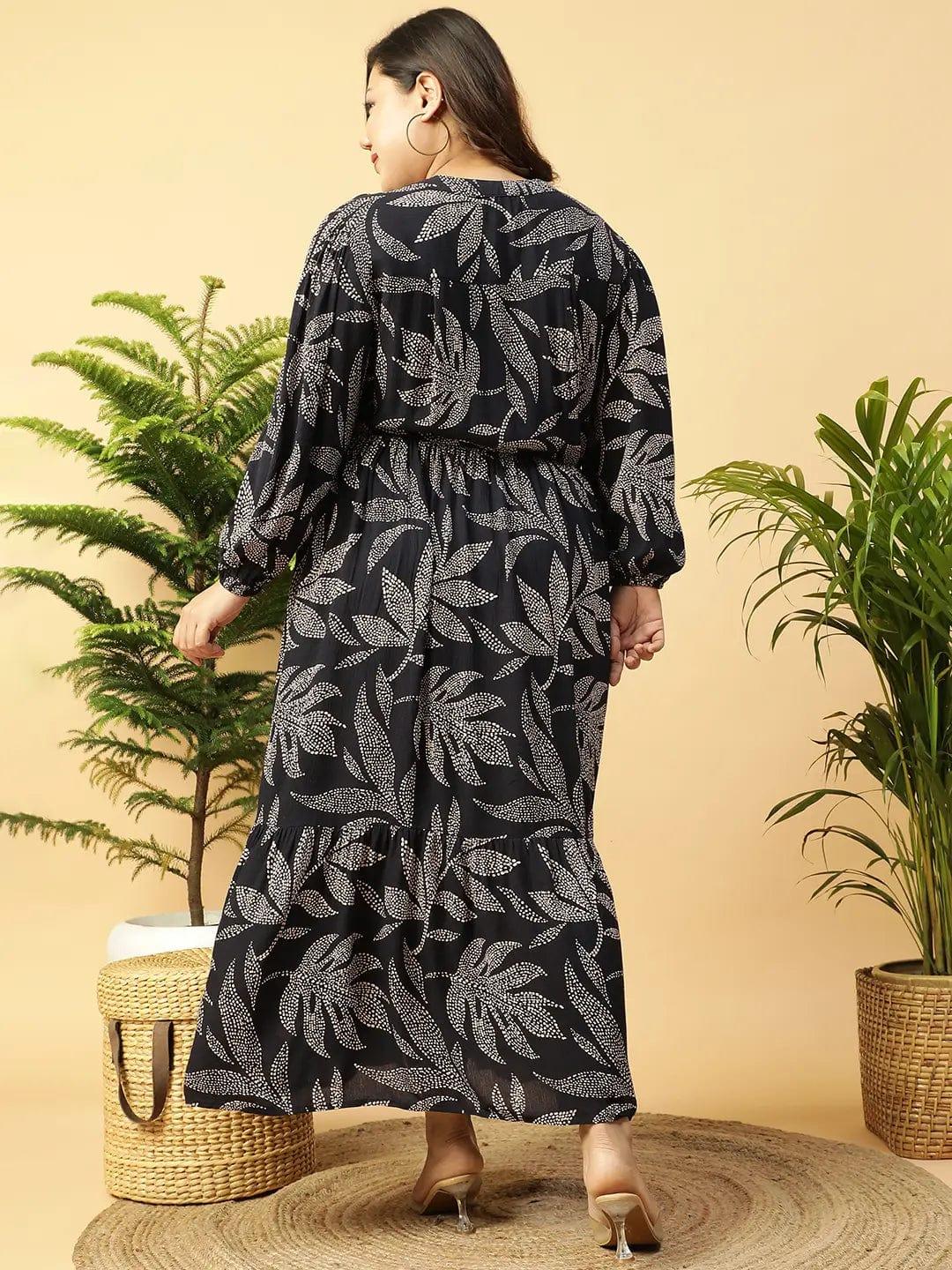 flirty-black-rayon-tropical-print-long-sleeve-elasticated-plus-size-women-dress