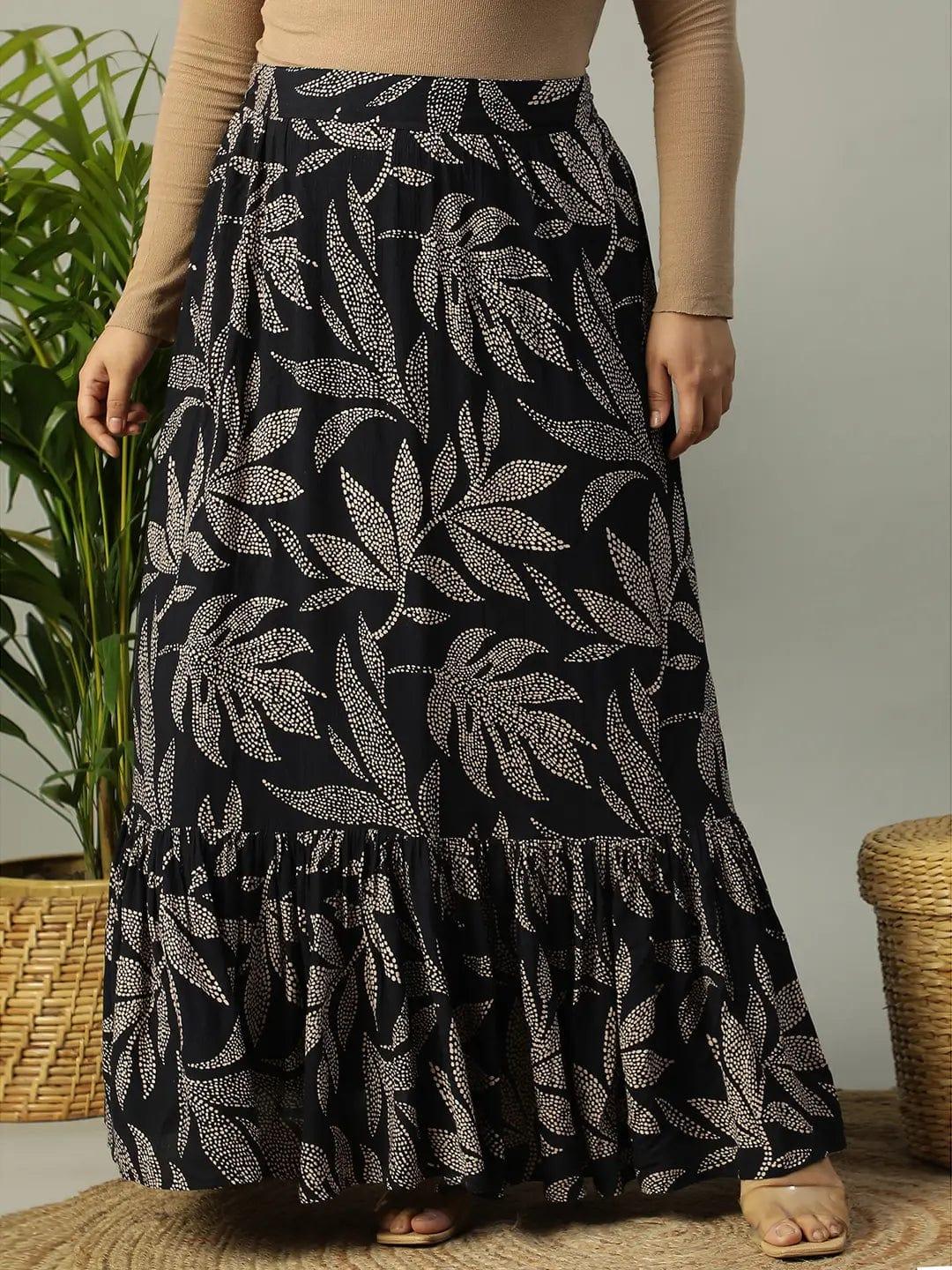 first-black-tropical-rayon-print-elasticated-frill-detailed-long-flare-plus-size-skirt
