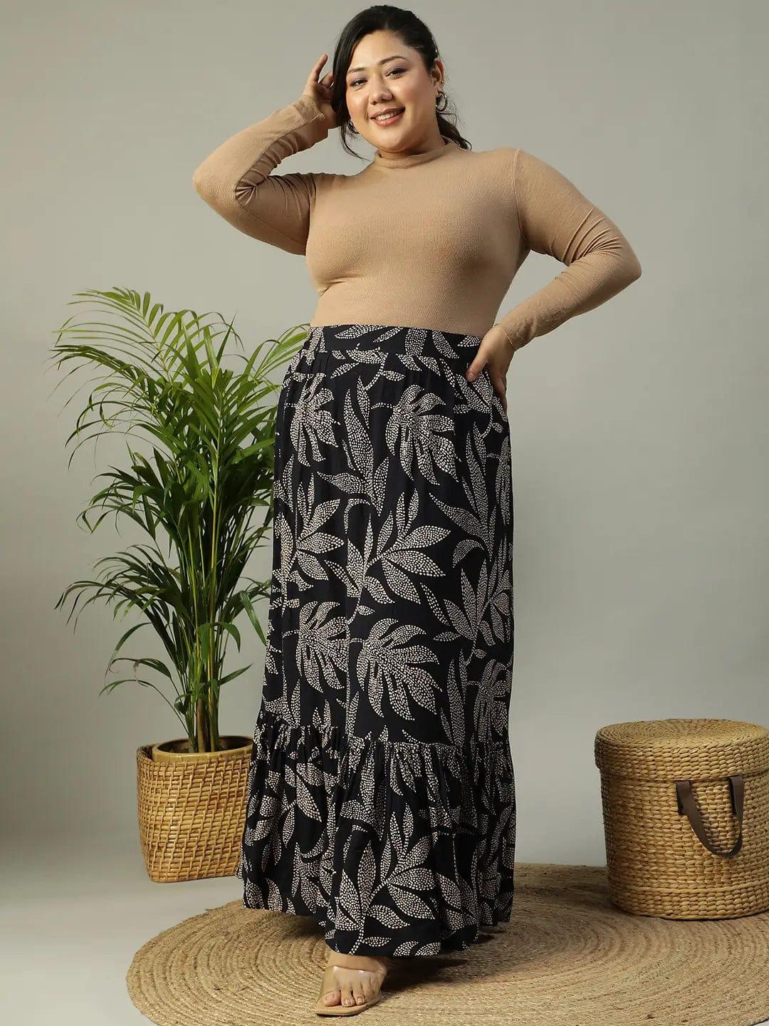 first-black-tropical-rayon-print-elasticated-frill-detailed-long-flare-plus-size-skirt
