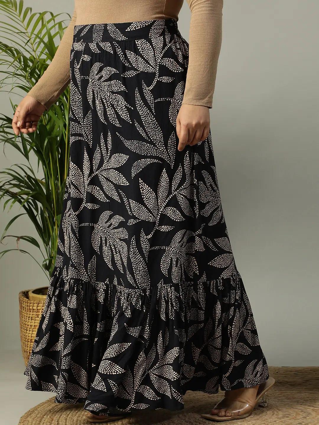 first-black-tropical-rayon-print-elasticated-frill-detailed-long-flare-plus-size-skirt