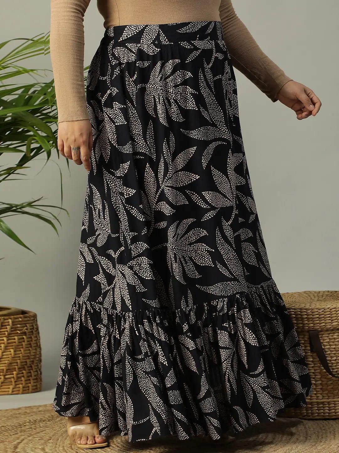 first-black-tropical-rayon-print-elasticated-frill-detailed-long-flare-plus-size-skirt