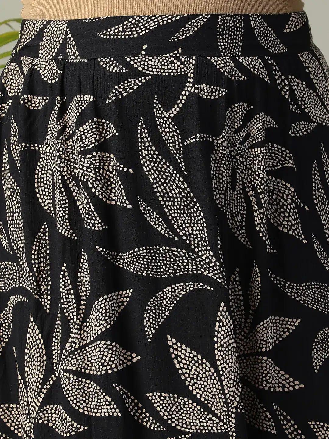 first-black-tropical-rayon-print-elasticated-frill-detailed-long-flare-plus-size-skirt