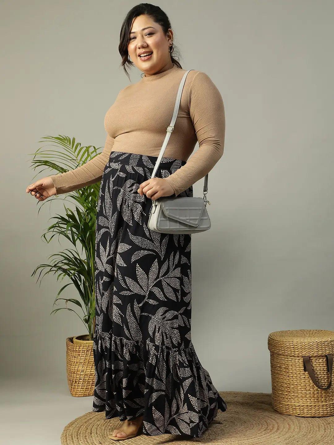 first-black-tropical-rayon-print-elasticated-frill-detailed-long-flare-plus-size-skirt