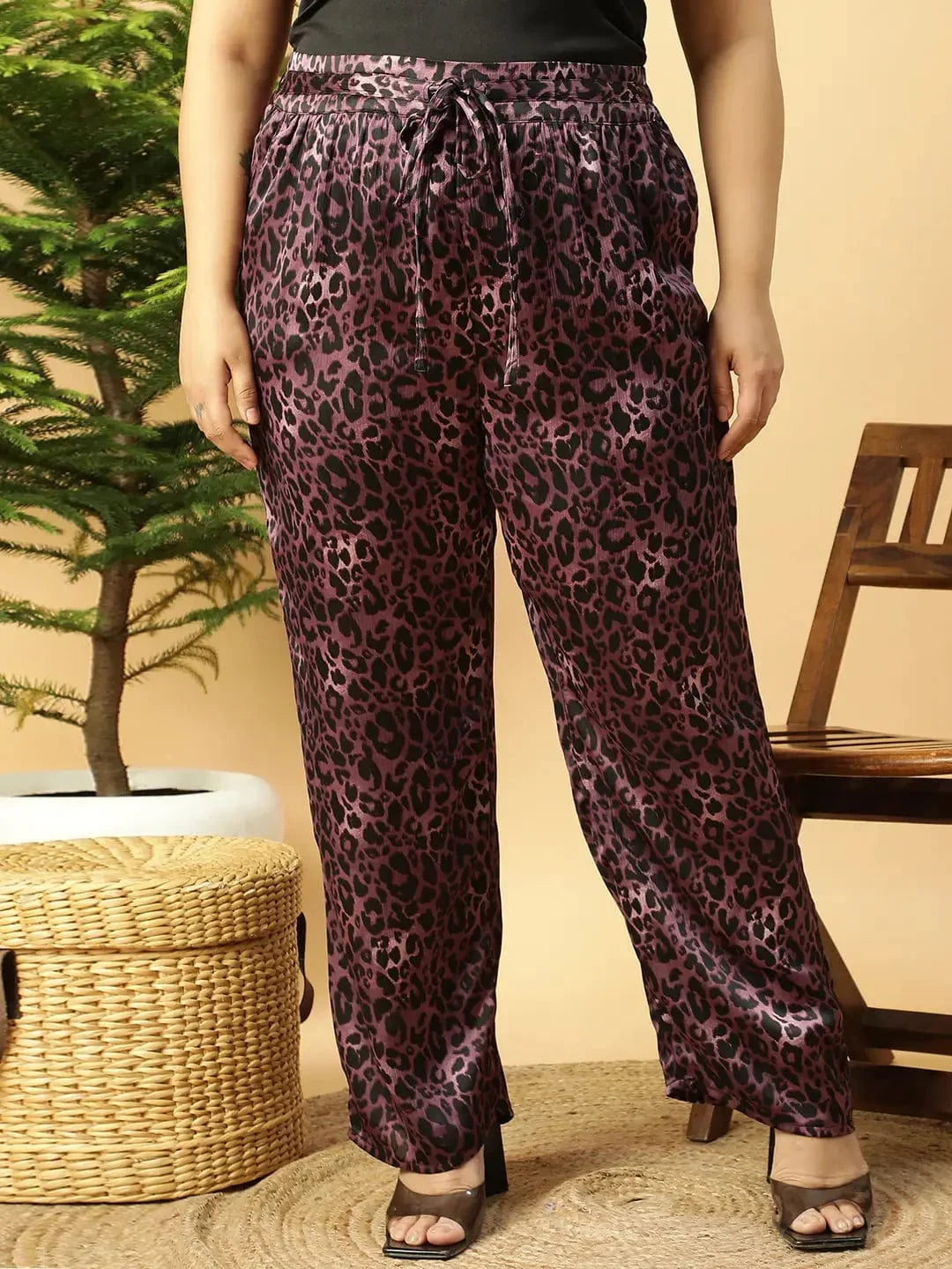Dark Purple Animal satin Print Elasticated Plus Size Women Pant - oxolloxo