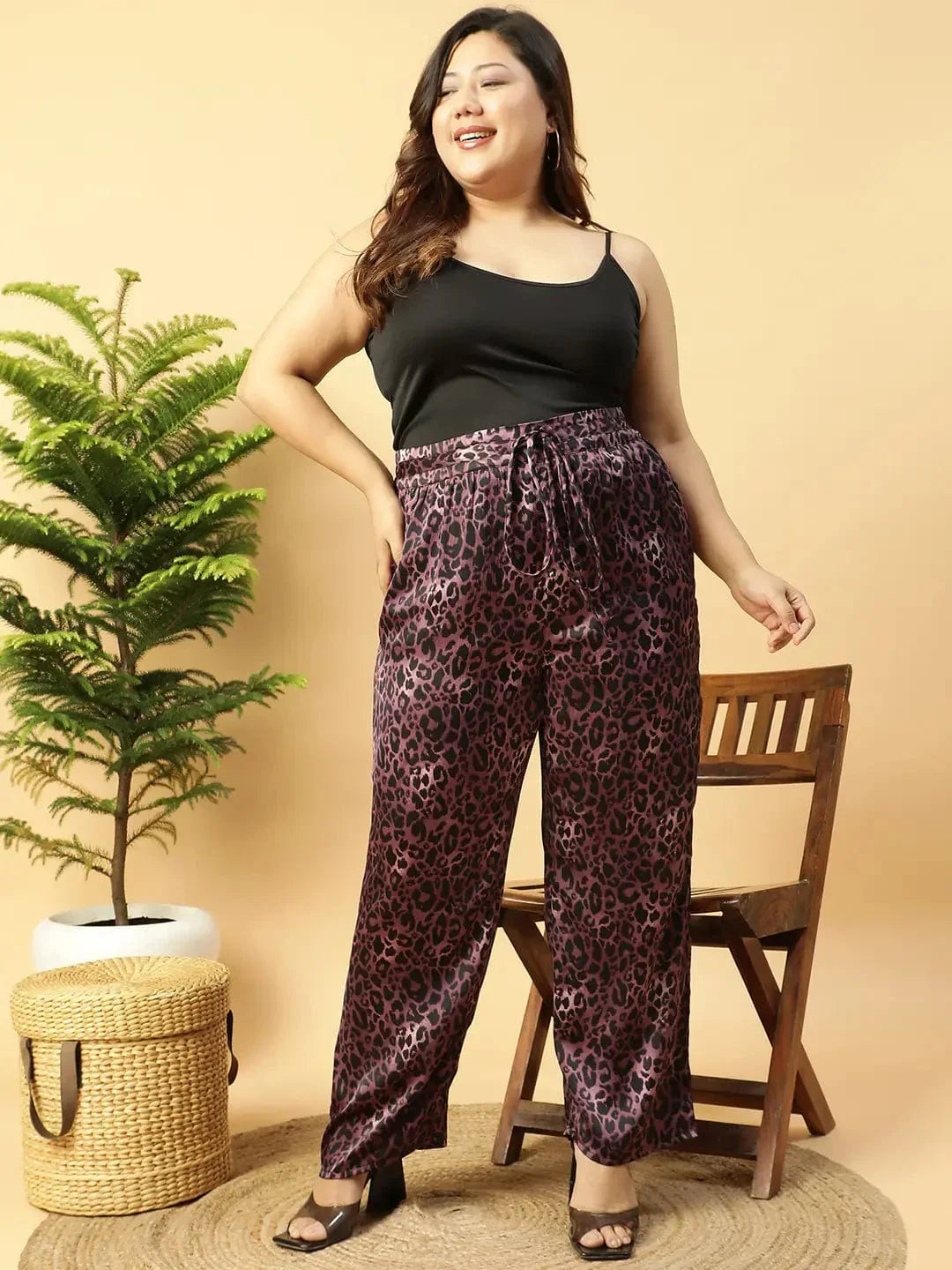 Dark Purple Animal satin Print Elasticated Plus Size Women Pant - oxolloxo