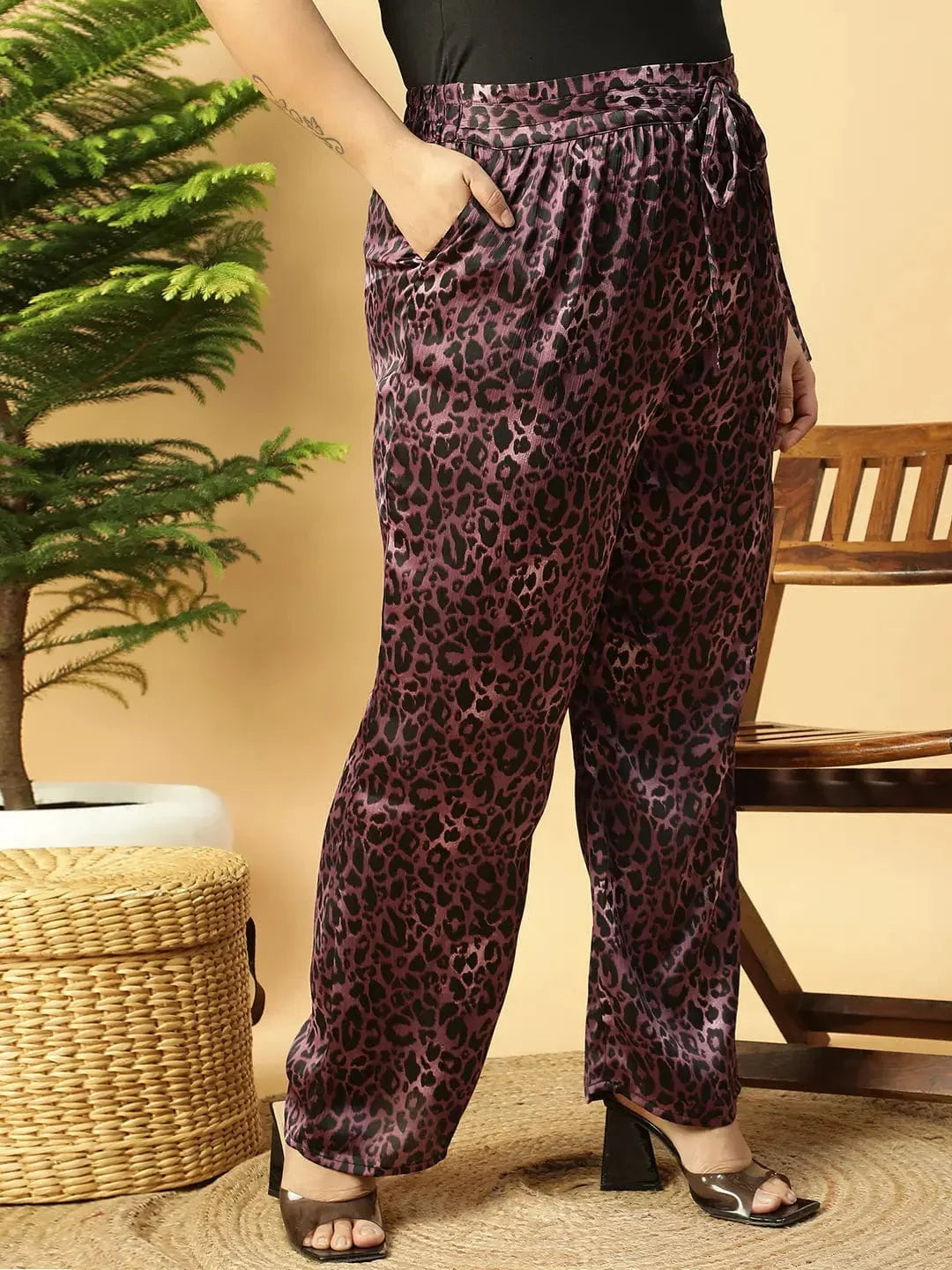 Dark Purple Animal satin Print Elasticated Plus Size Women Pant - oxolloxo