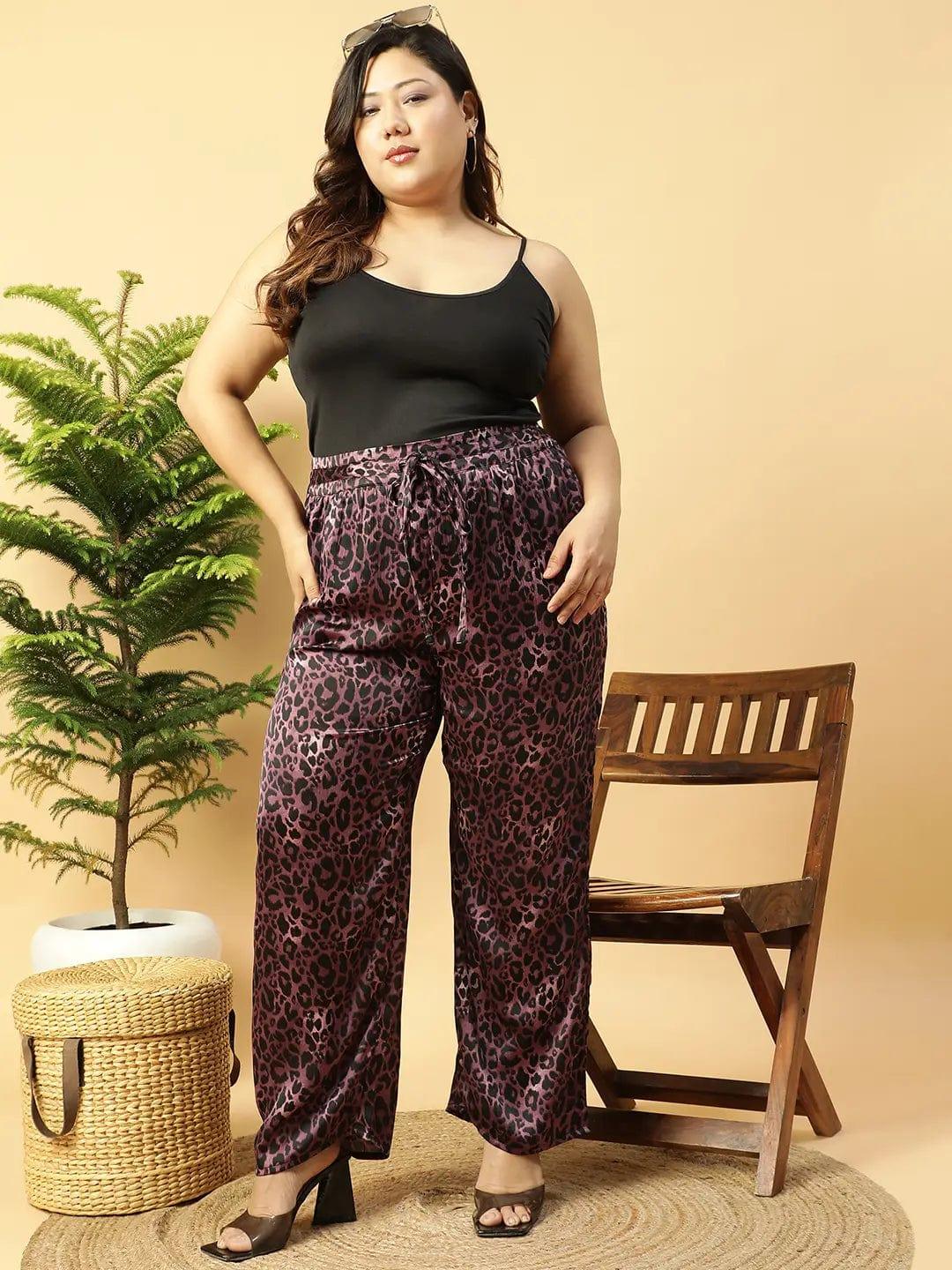 Dark Purple Animal satin Print Elasticated Plus Size Women Pant - oxolloxo