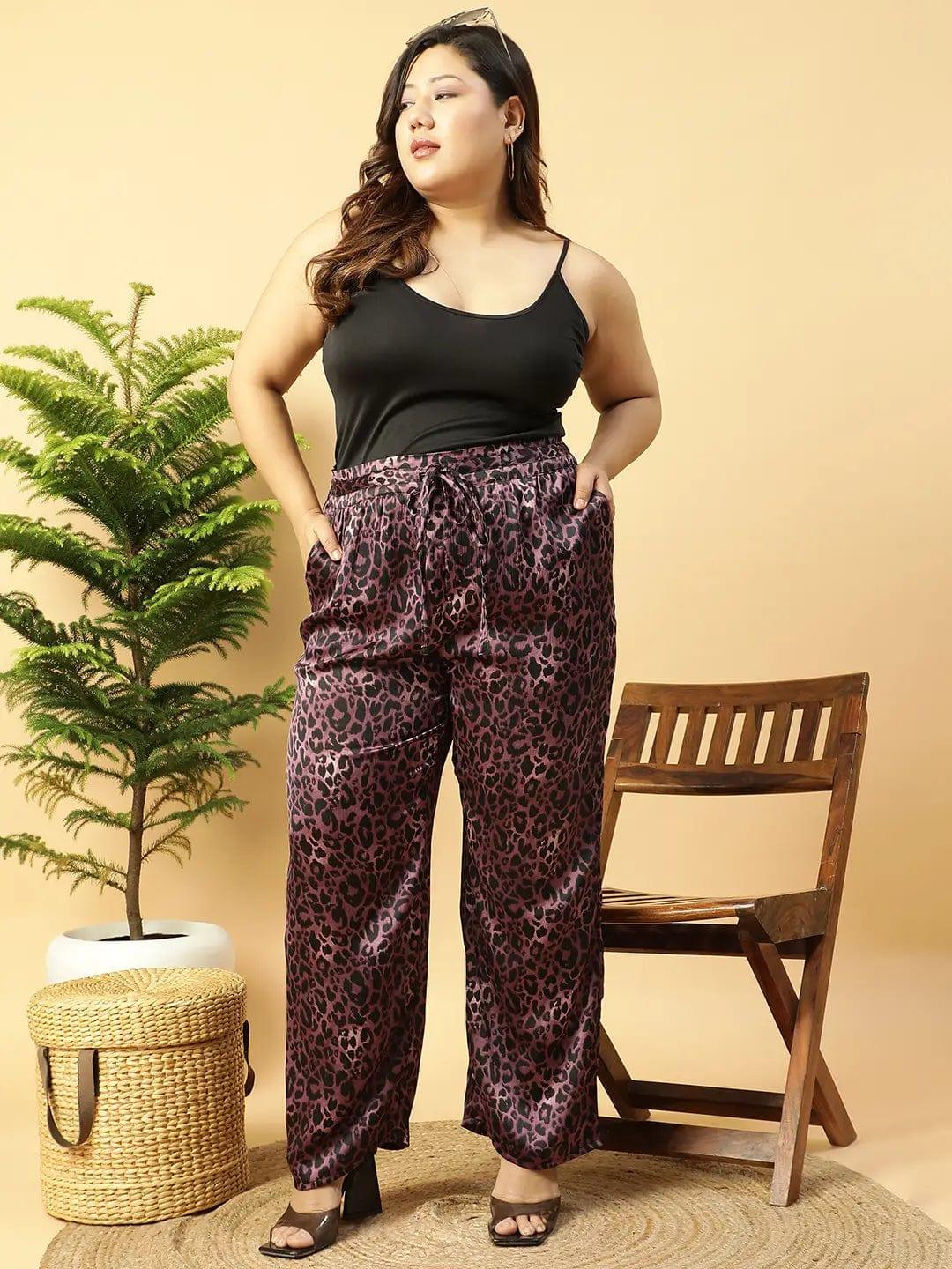 Dark Purple Animal satin Print Elasticated Plus Size Women Pant - oxolloxo