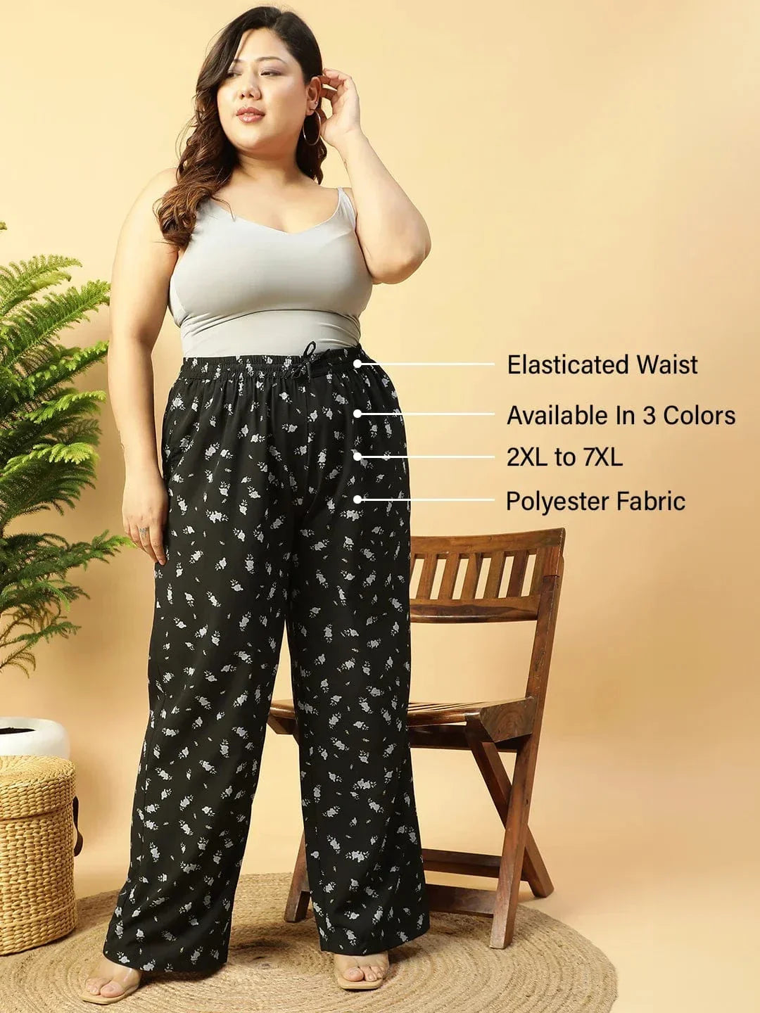 Plus Size Black Floral Print Pant