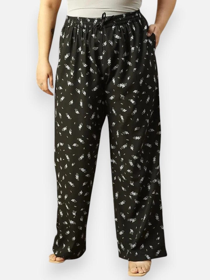 Plus Size Black Floral Print Polyester Pant