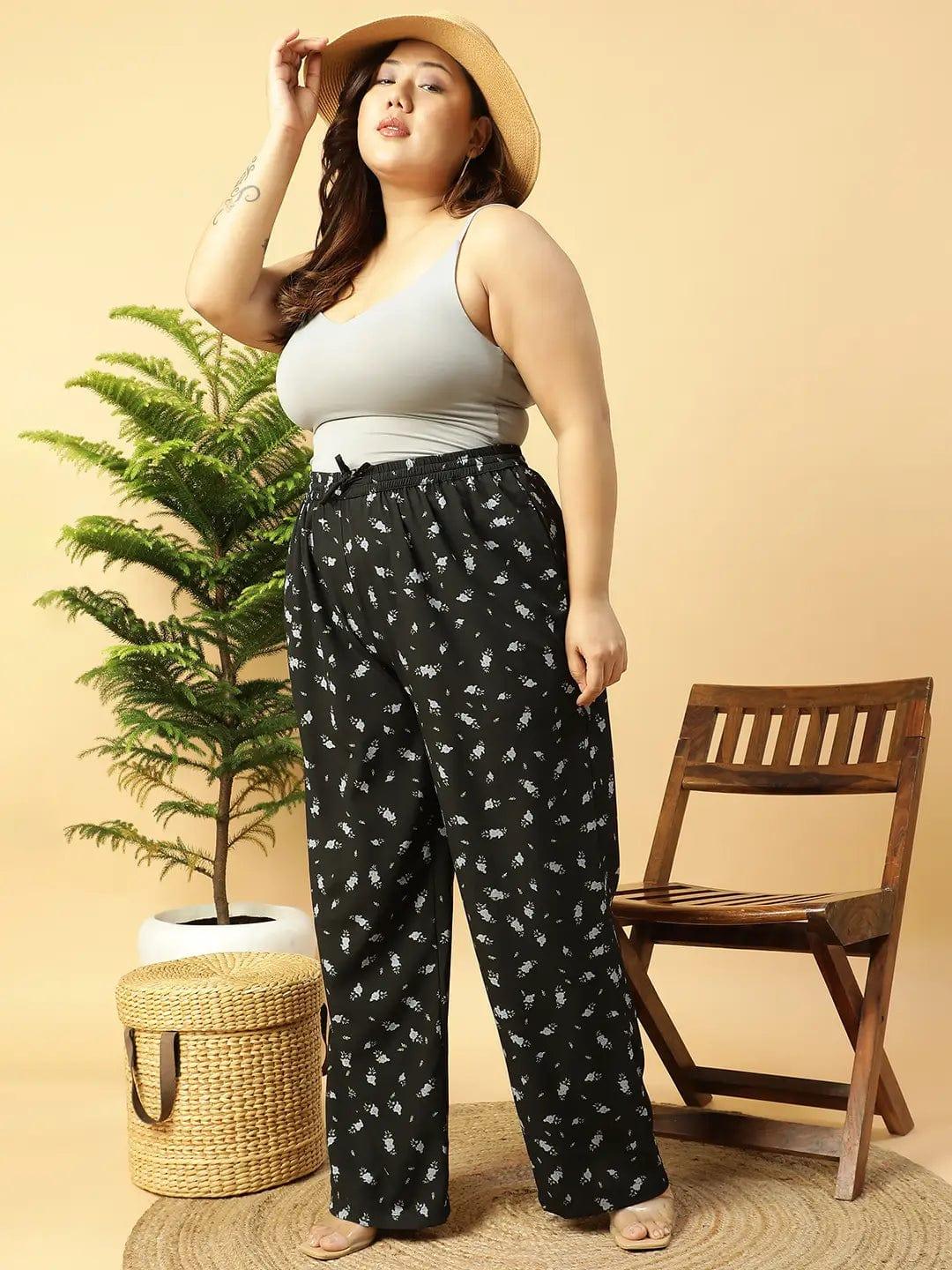 Plus Size Black Floral Print Pant