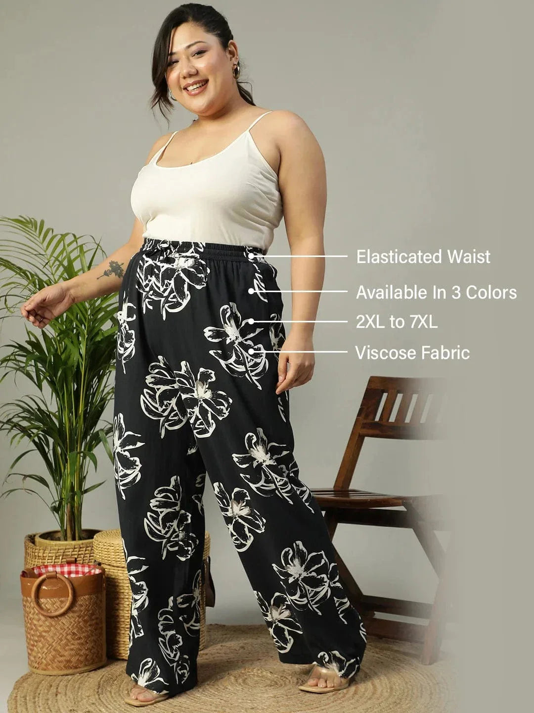 Plus size black floral print viscose pants with tie-knot waist, photo 2