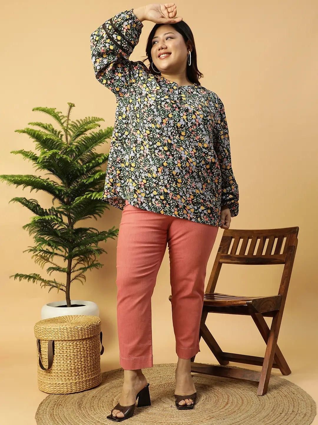 Multicolor Floral Print Long Sleeve Plus Size Women Shirt Top - oxolloxo