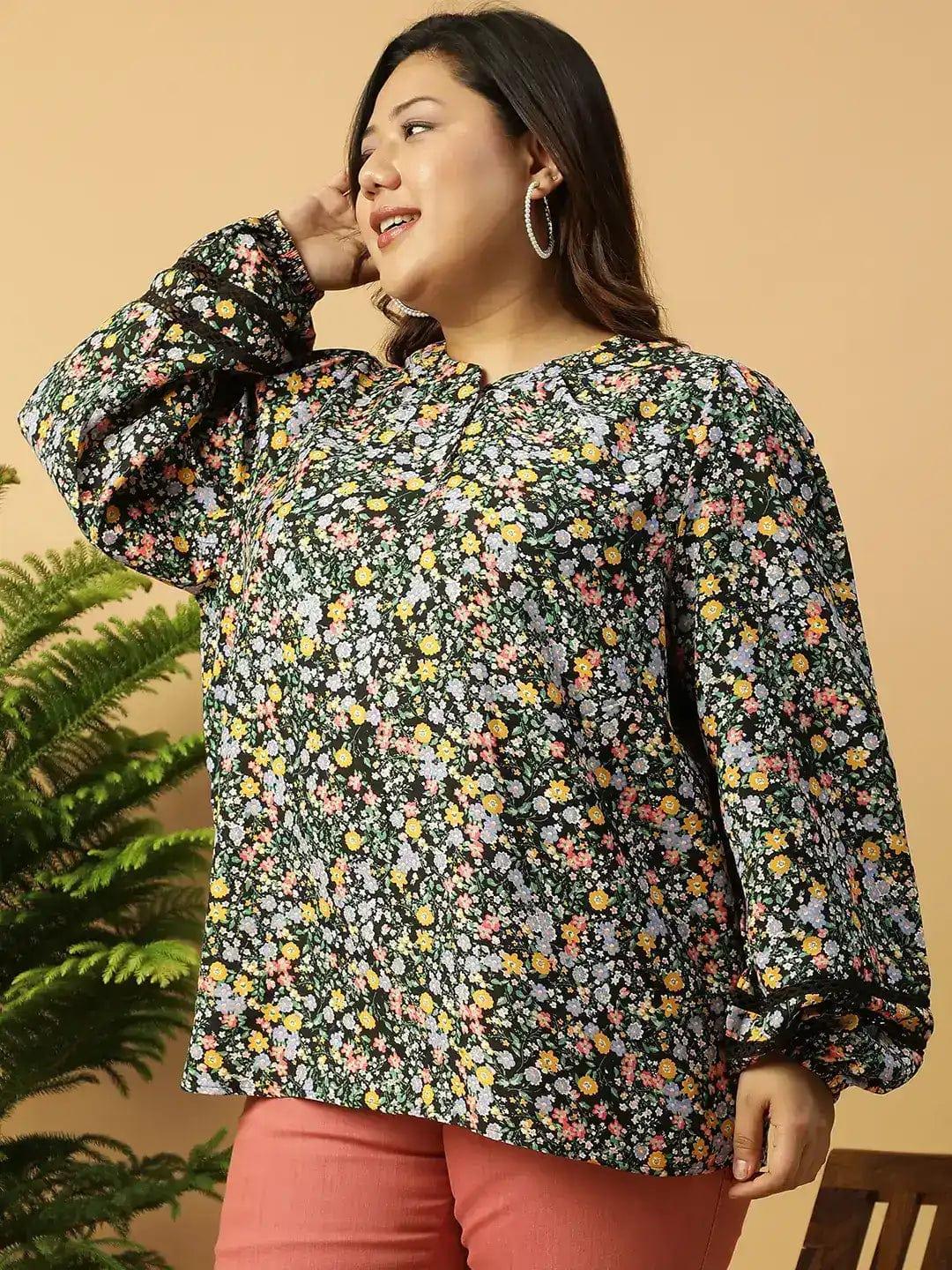 Multicolor Floral Print Long Sleeve Plus Size Women Shirt Top - oxolloxo