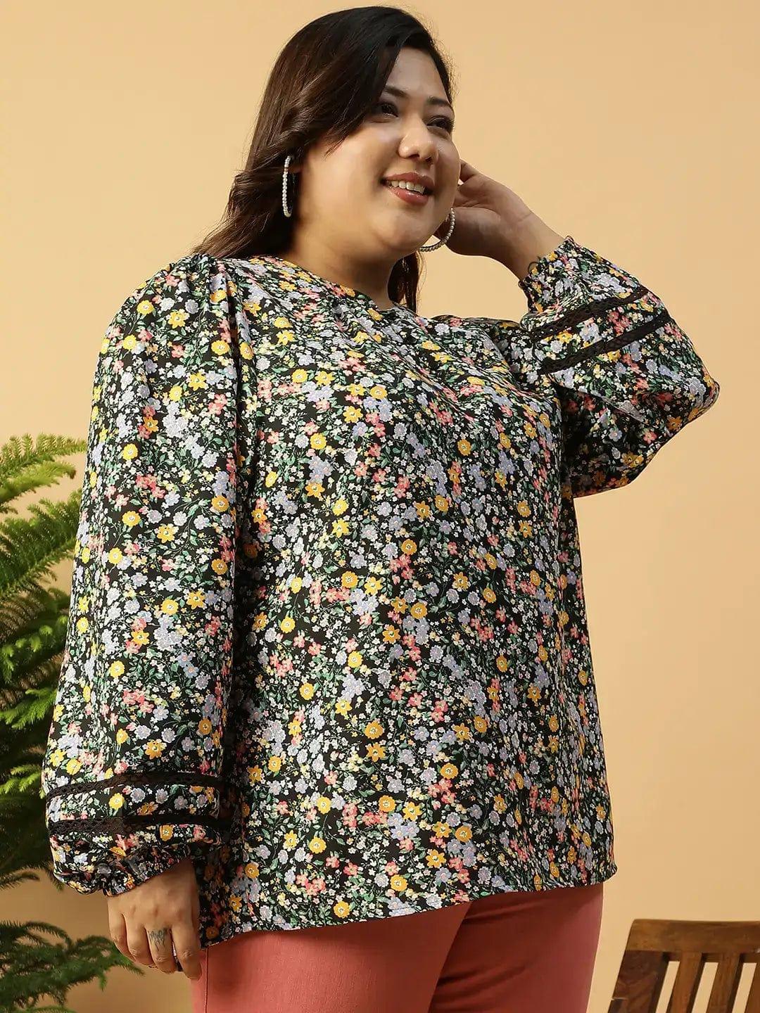 Multicolor Floral Print Long Sleeve Plus Size Women Shirt Top - oxolloxo