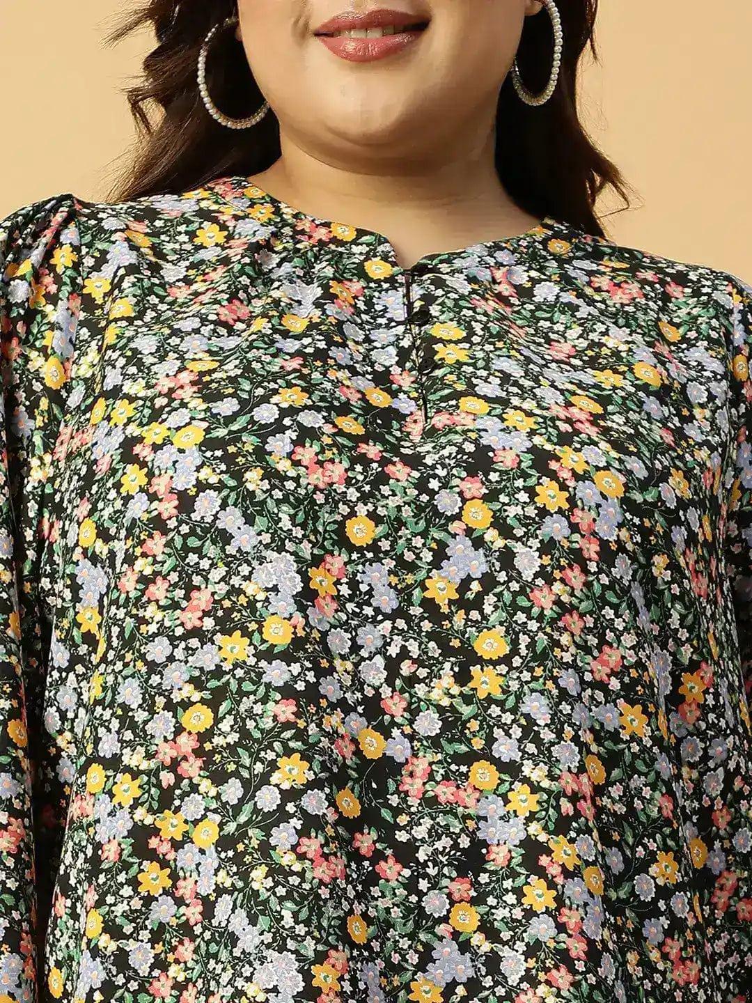 Multicolor Floral Print Long Sleeve Plus Size Women Shirt Top - oxolloxo