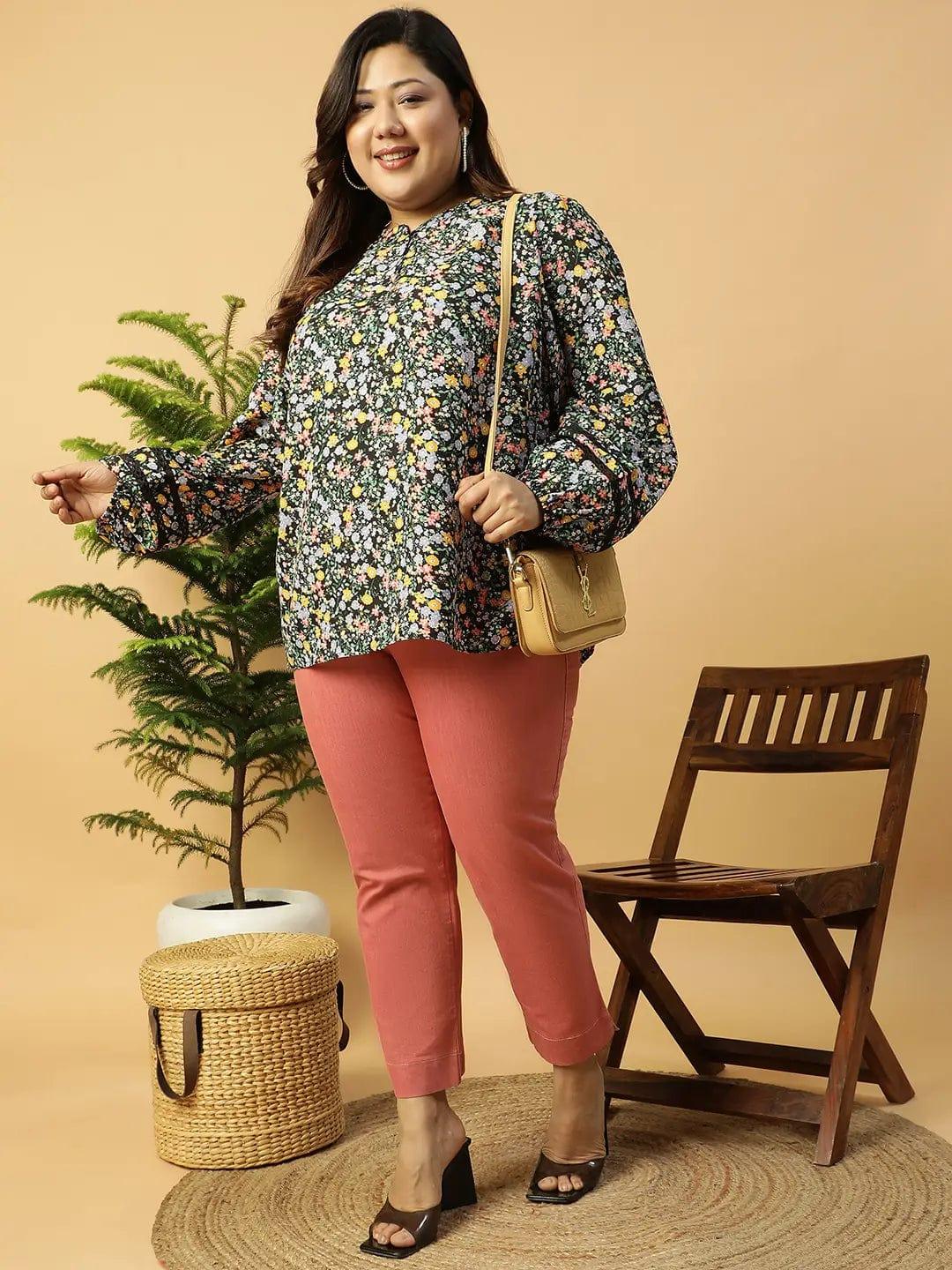 Multicolor Floral Print Long Sleeve Plus Size Women Shirt Top - oxolloxo