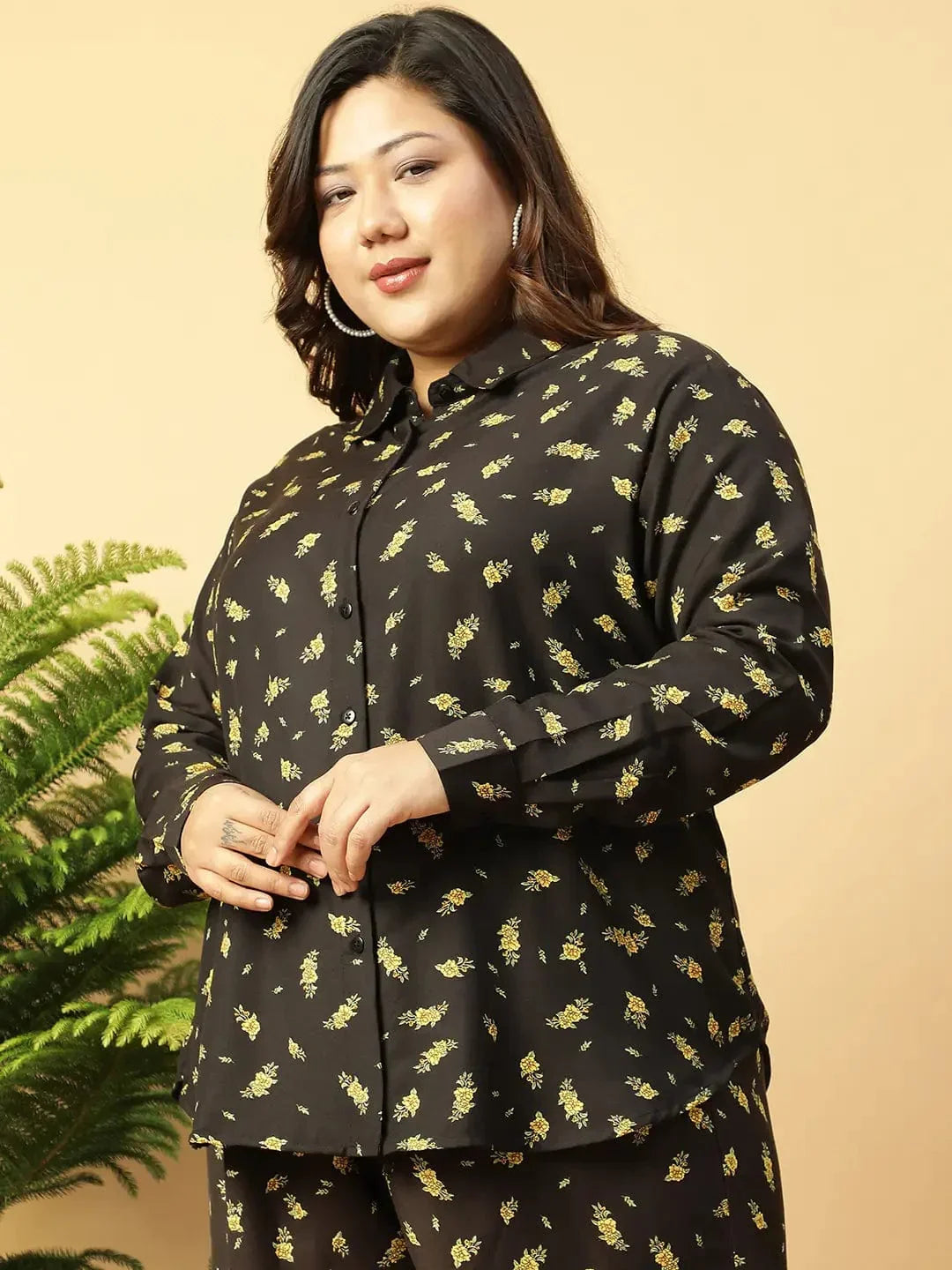 Well Black rayon print Collared Button-Down Plus-Size Women Shirt - oxolloxo