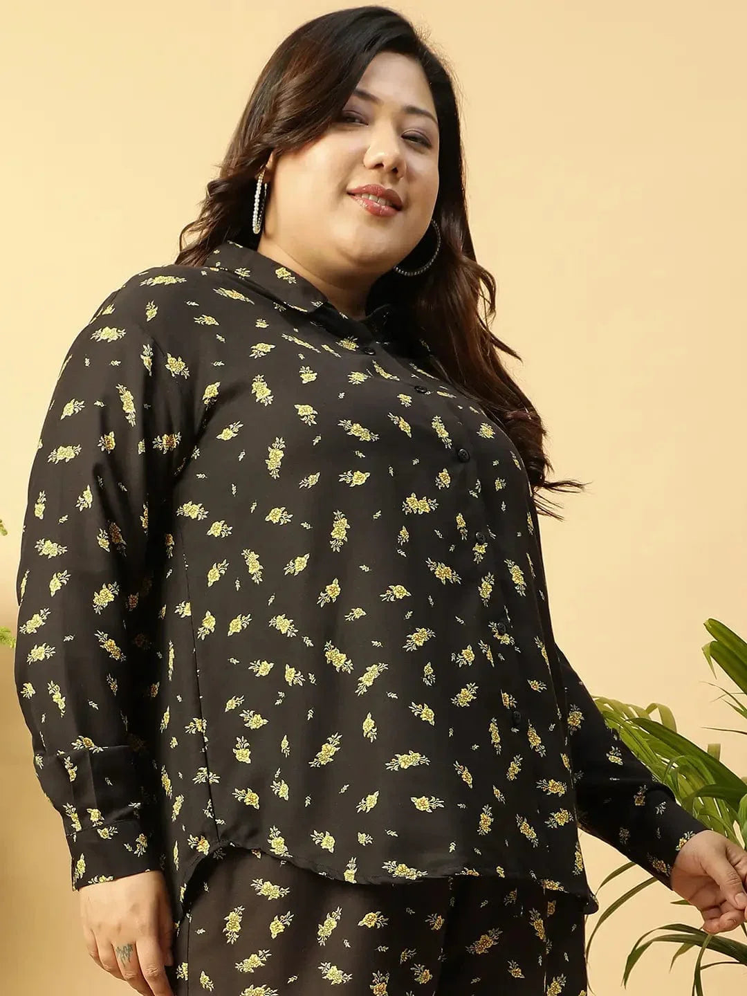 Well Black rayon print Collared Button-Down Plus-Size Women Shirt - oxolloxo