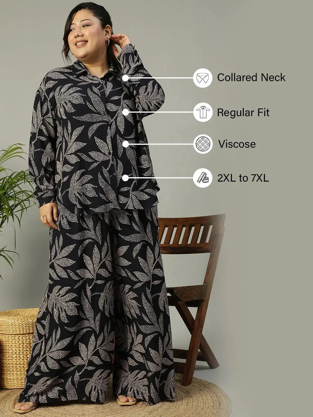 Bold Black Tropical rayon print Collared Button-Down Plus-Size Women Shirt - oxolloxo