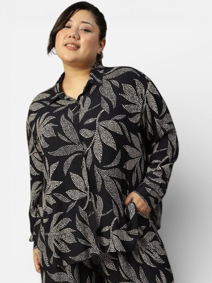 Plus Size Black Tropical Print Shirt