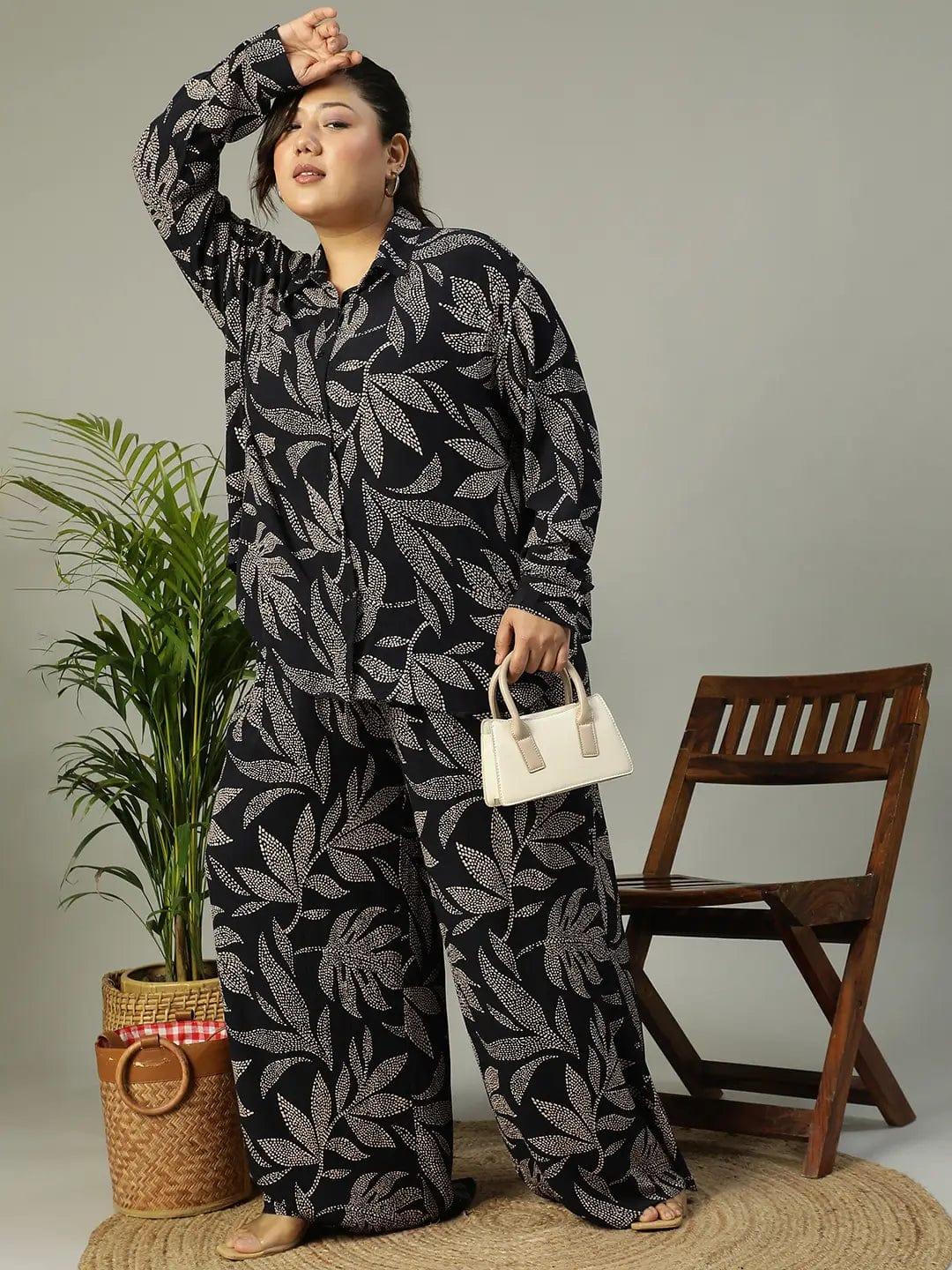 Bold Black Tropical rayon print Collared Button-Down Plus-Size Women Shirt - oxolloxo