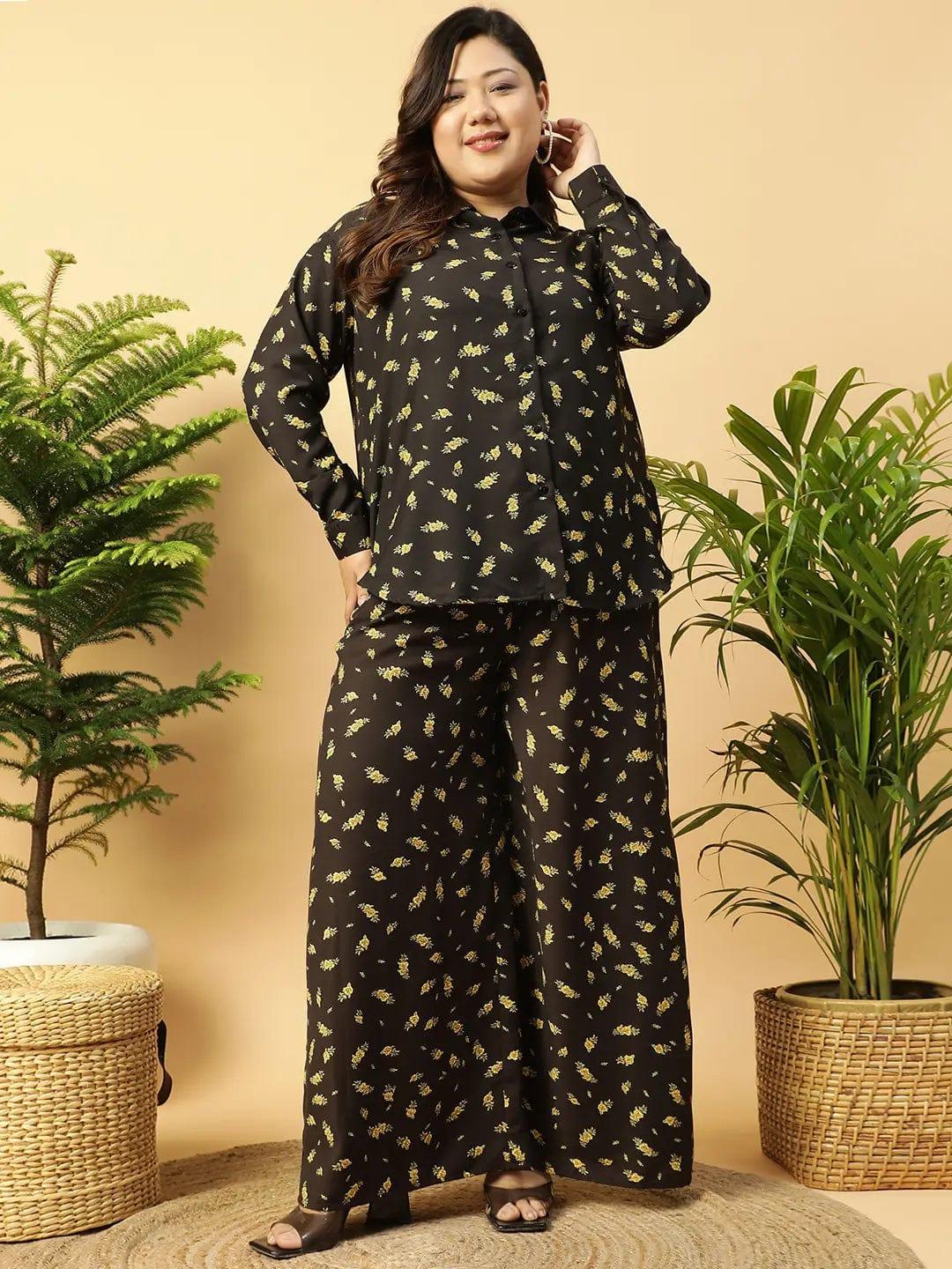 Bright Black Tropical Print Elasticated Plus Size Women Pant - oxolloxo
