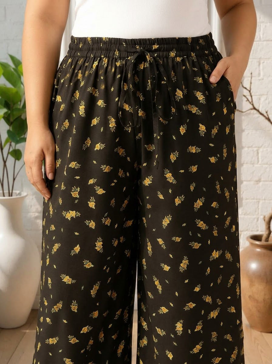Plus Size Black Tropical Print Pant