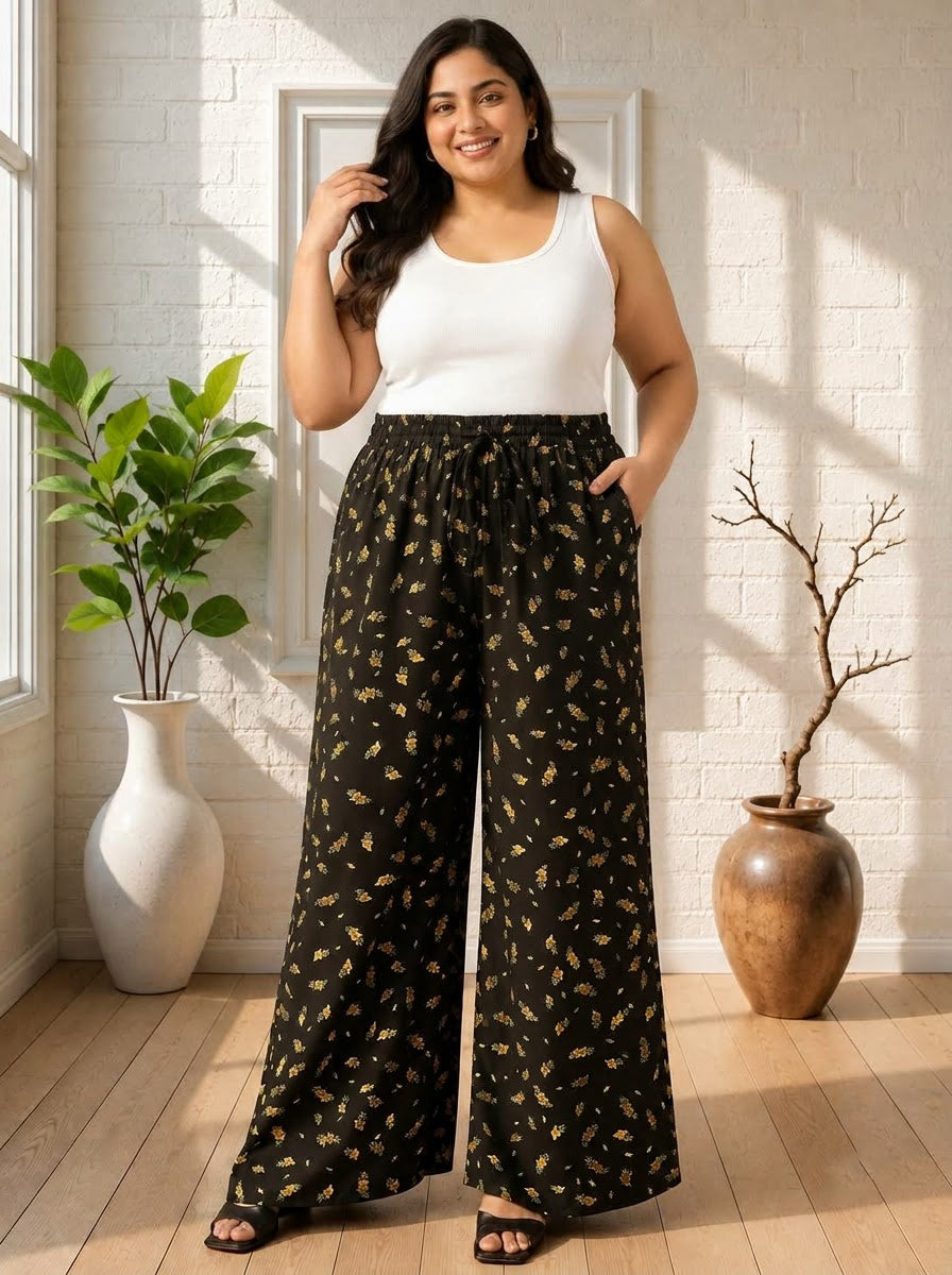 Plus Size Black Tropical Print Pant