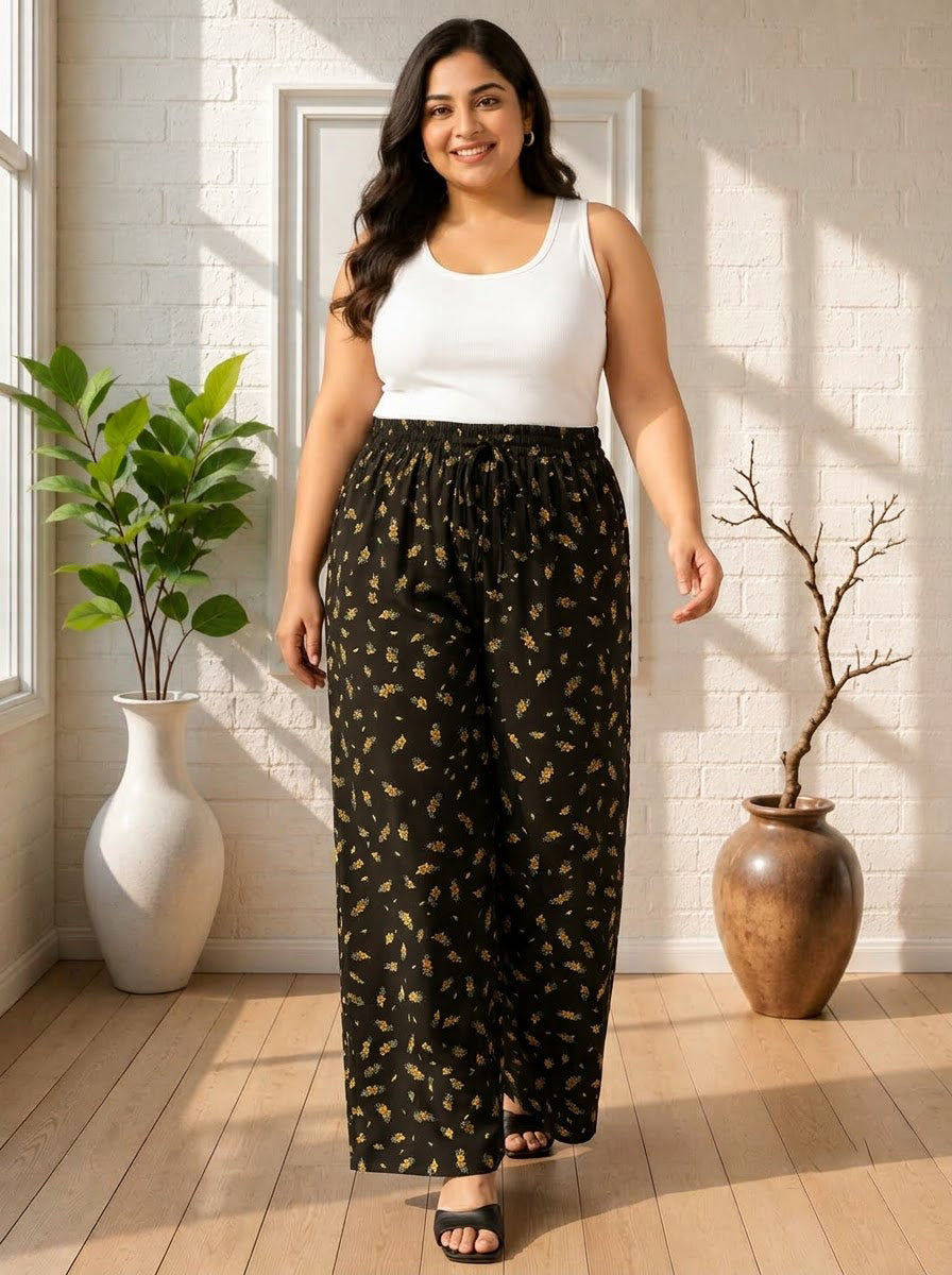 Plus Size Black Tropical Print Pant