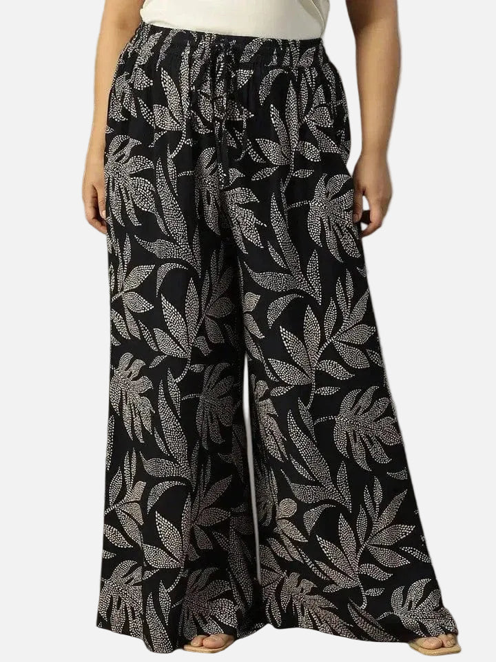 Pitch Black Tropical rayon print Elasticated Plus Size Women Pant