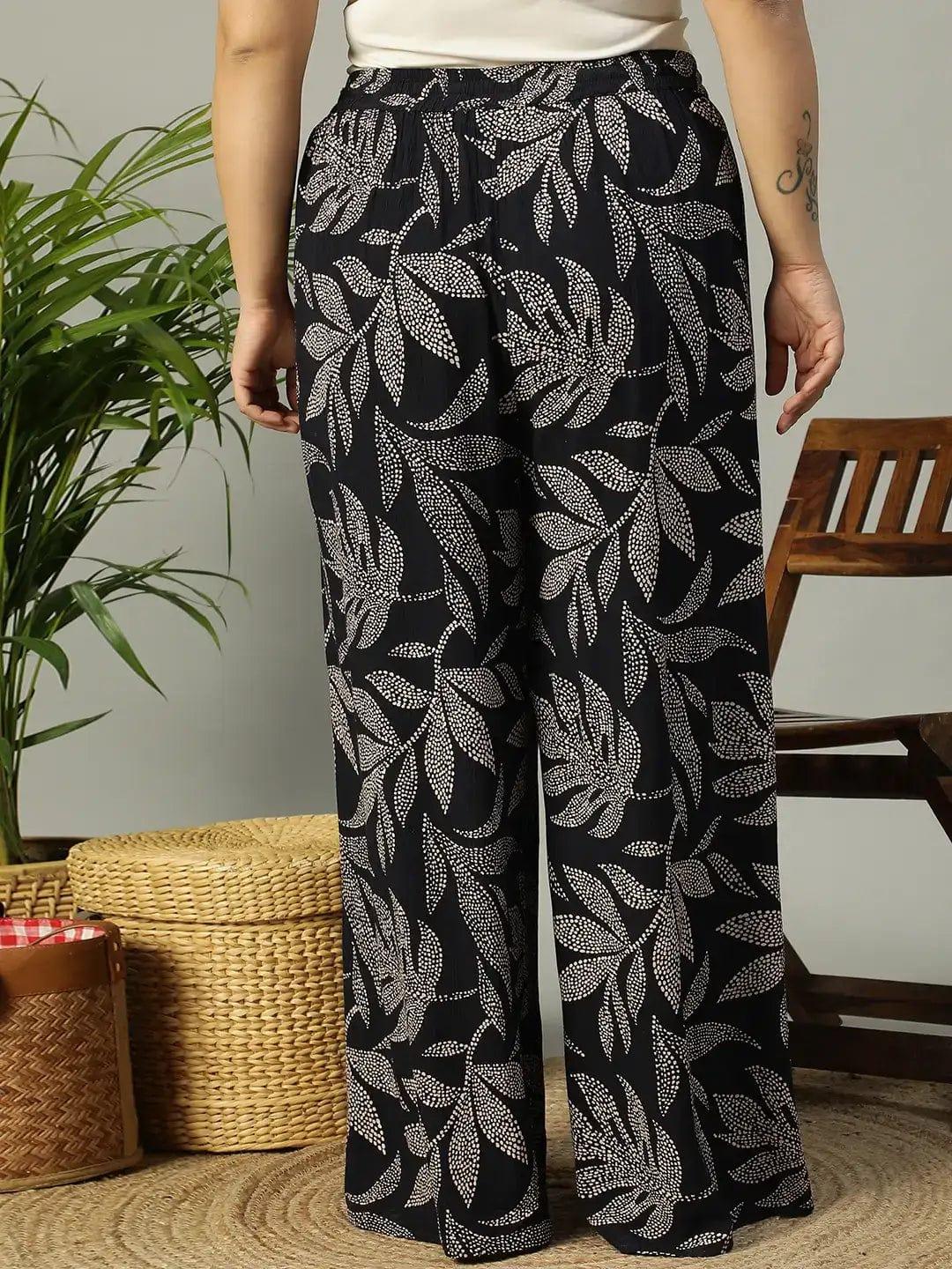Pitch Black Tropical rayon print Elasticated Plus Size Women Pant