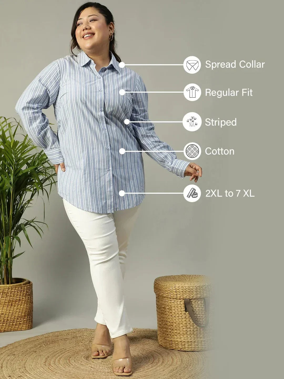 Lasting Blue Stripe Print Long Sleeve Collared Button Down Plus Size Women Cotton Shirt - oxolloxo