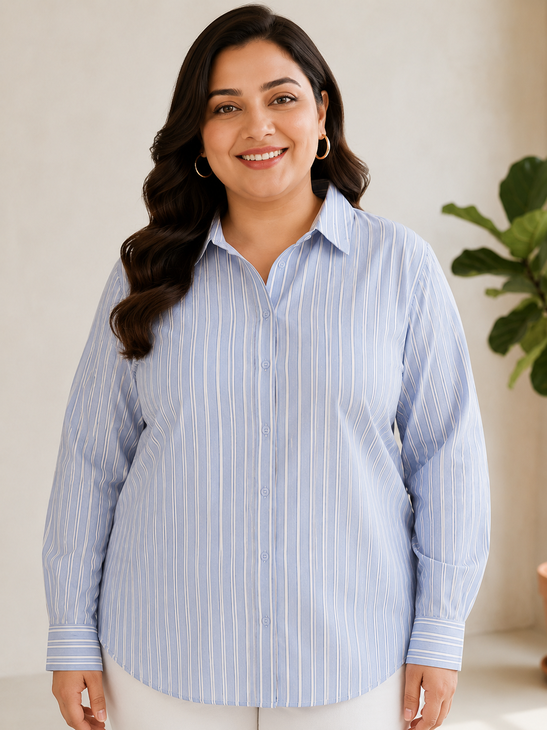 Plus Size Blue Stripe Cotton Shirt