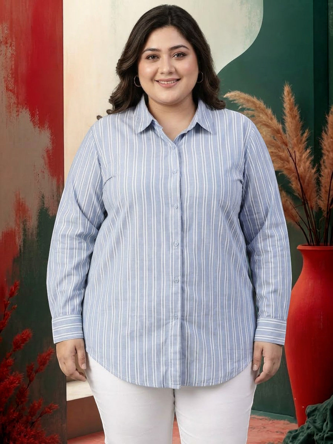 Plus Size Blue Stripe Cotton Shirt