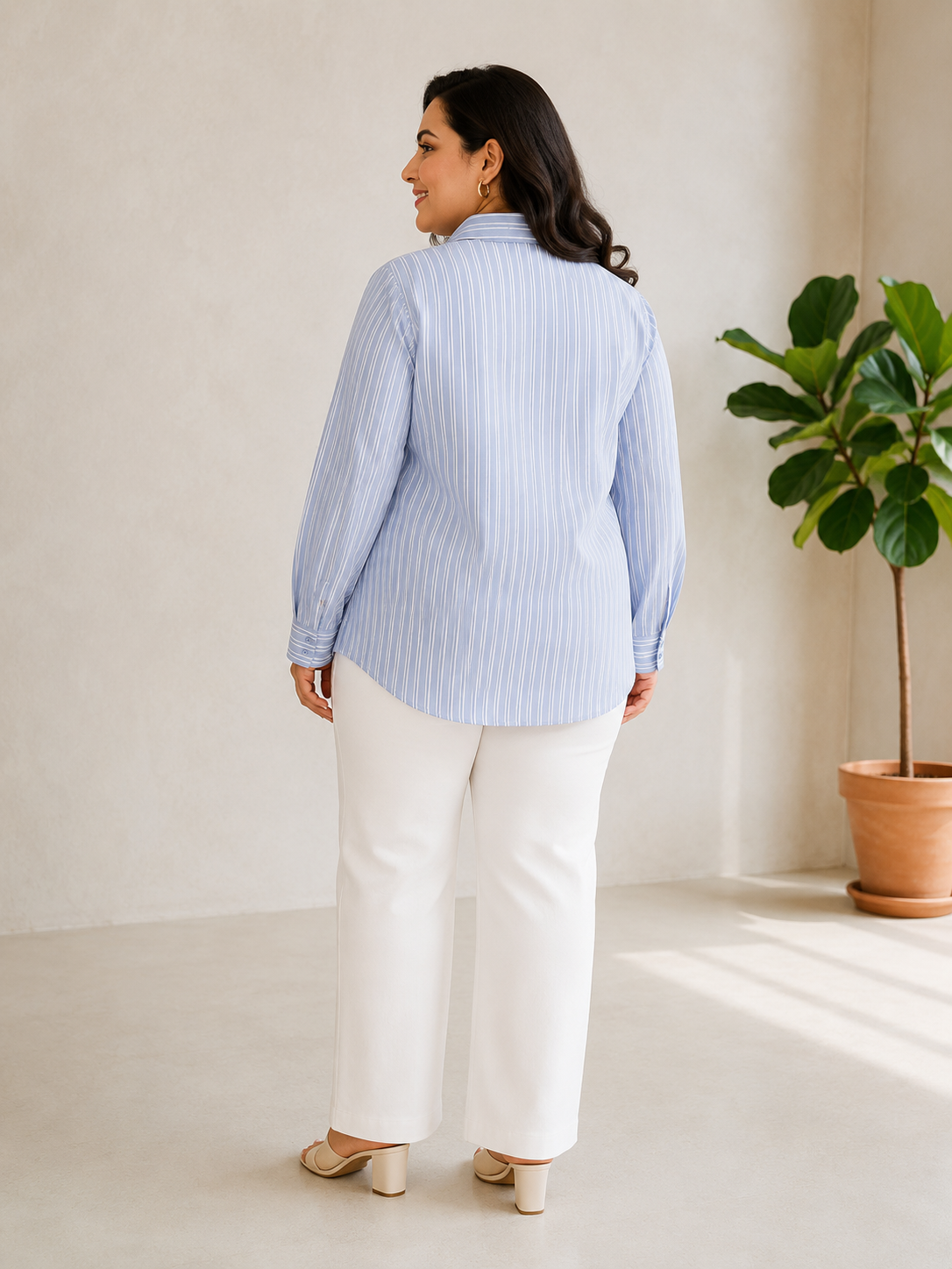 Plus Size Blue Stripe Cotton Shirt