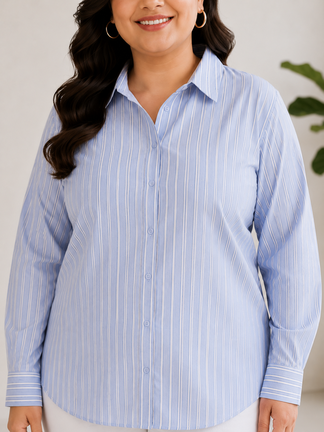 Plus Size Blue Stripe Cotton Shirt