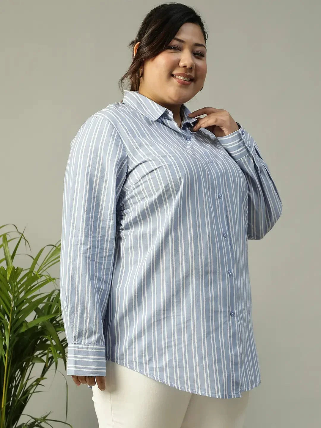 Lasting Blue Stripe Print Long Sleeve Collared Button Down Plus Size Women Cotton Shirt - oxolloxo
