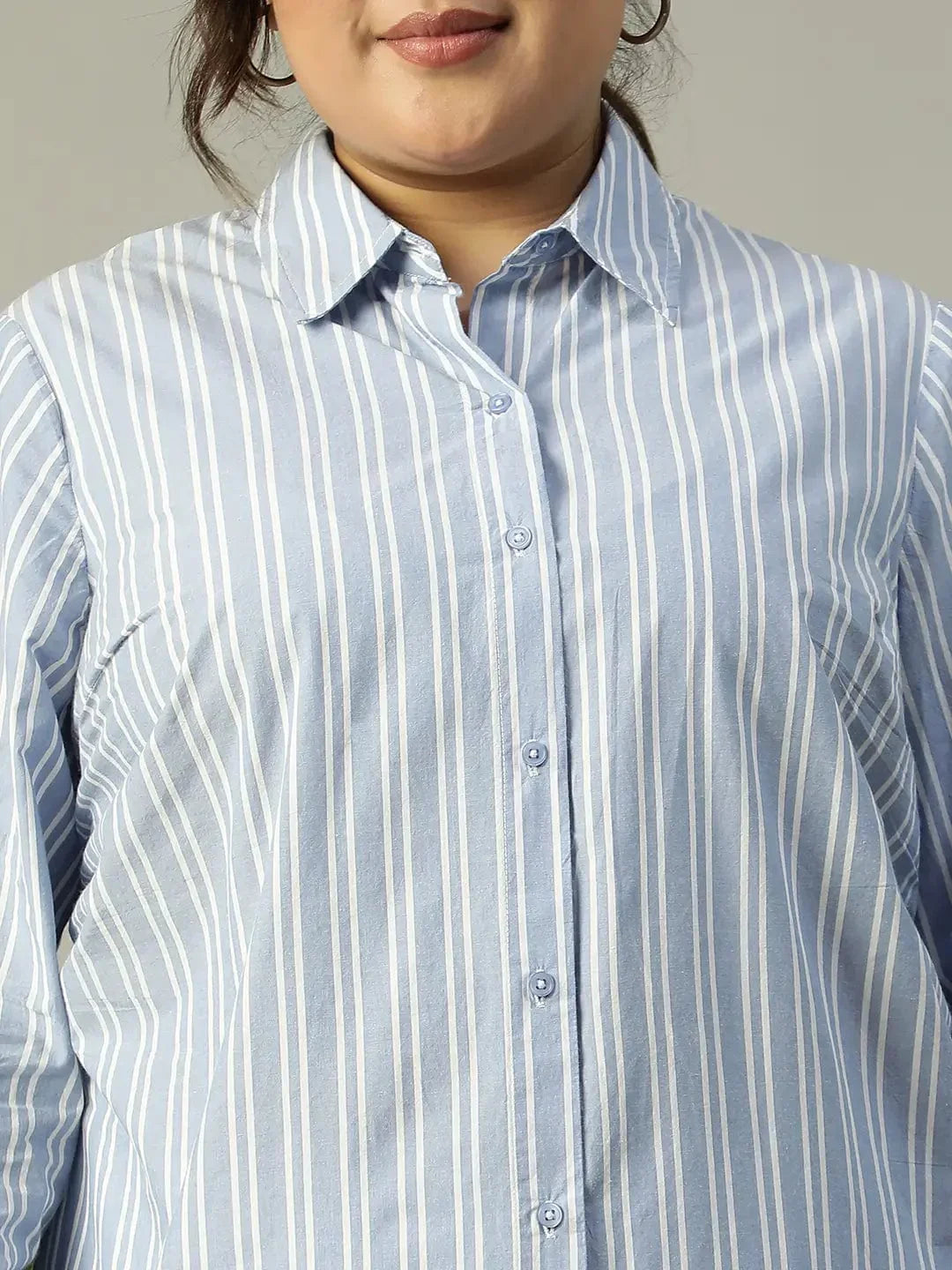 Lasting Blue Stripe Print Long Sleeve Collared Button Down Plus Size Women Cotton Shirt - oxolloxo