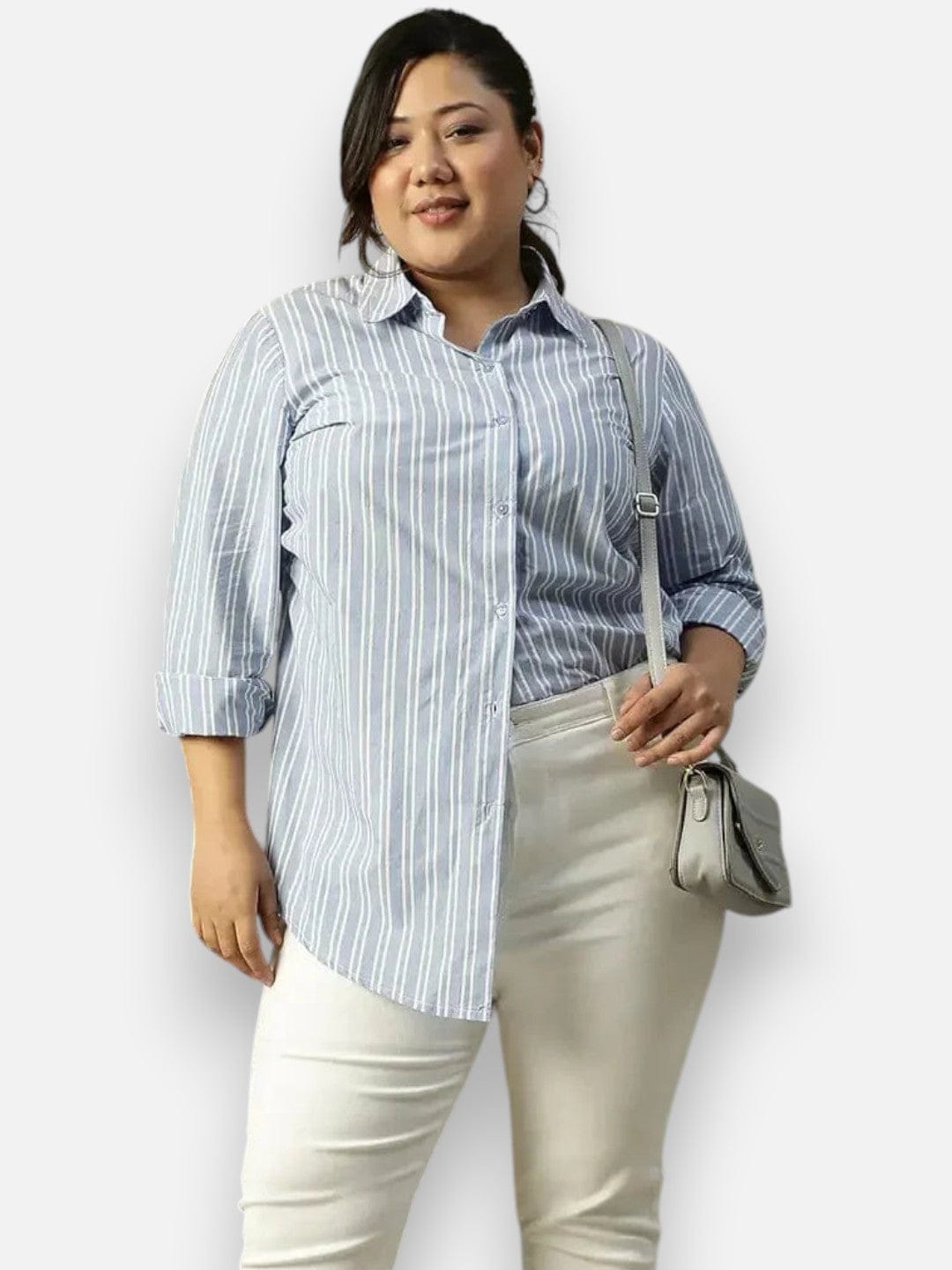 Plus Size Blue Stripe Cotton Shirt