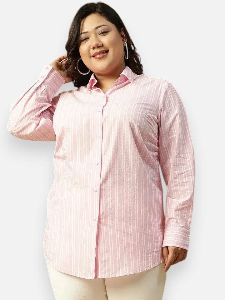 Plus Size Pink Stripe Cotton Shirt