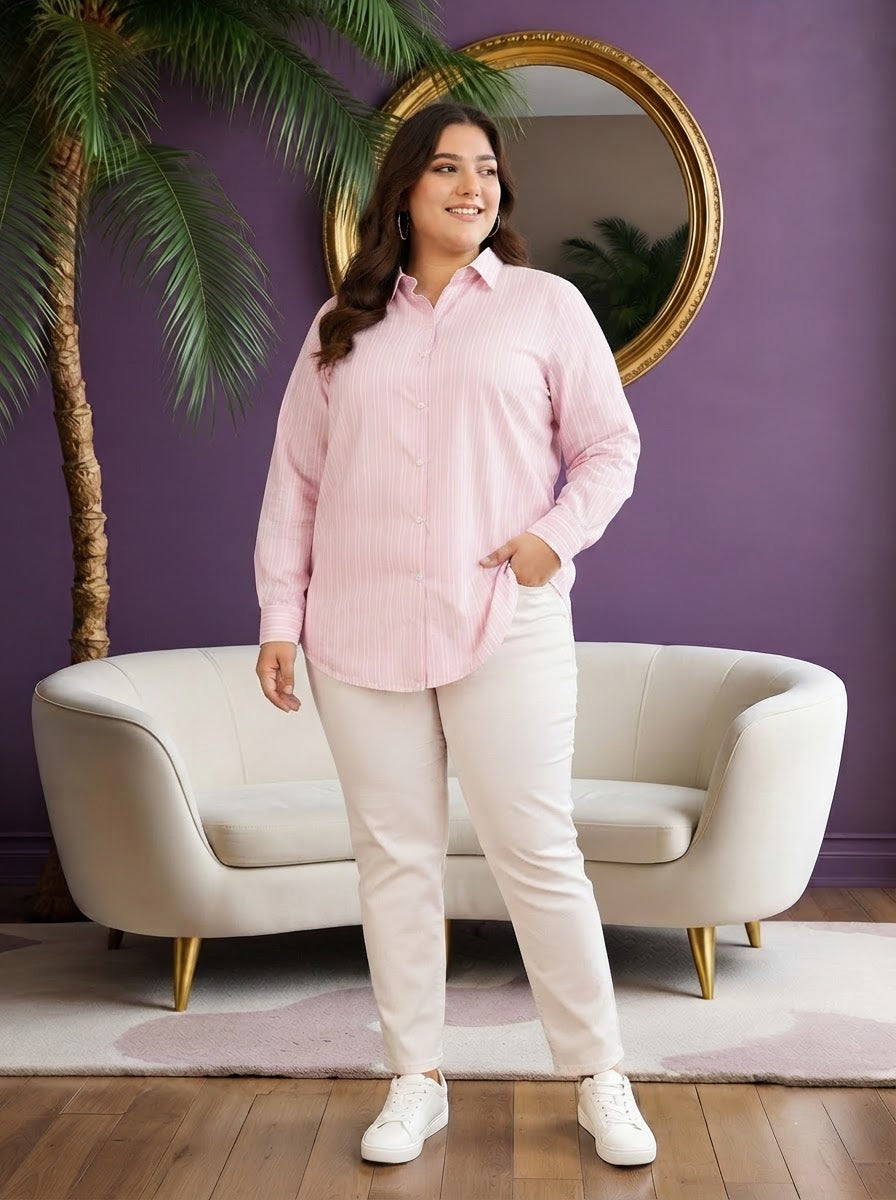 Plus Size Pink Stripe Cotton Shirt
